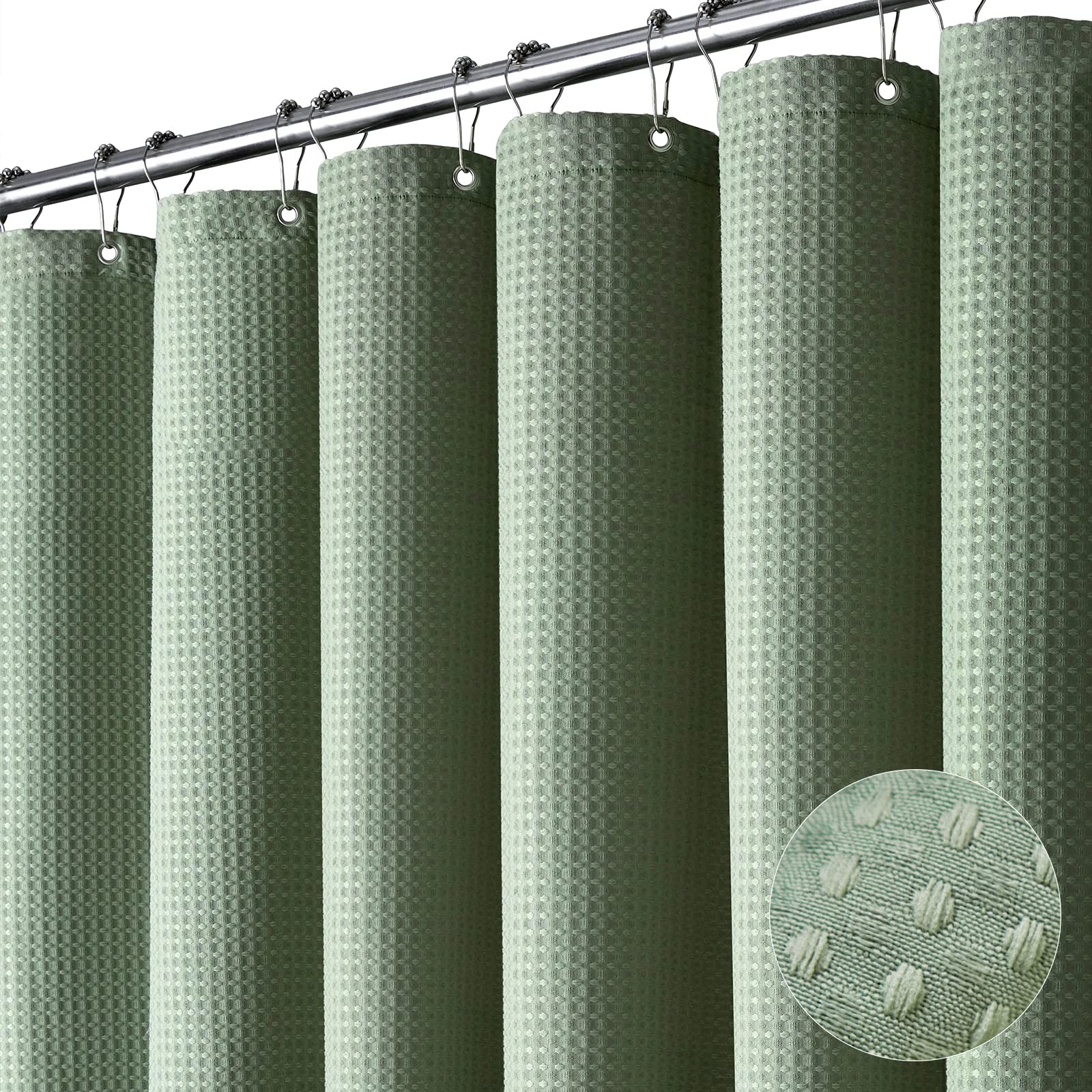 Dynamene Stall Fabric Shower Curtain - 36x72 Waffle Weave Weighted Cloth Shower Curtains for Bathroom  Neutral Heavy Duty Hotel Spa Luxury Bath Curtain Set with 6 Plastic Hooks Sage Green