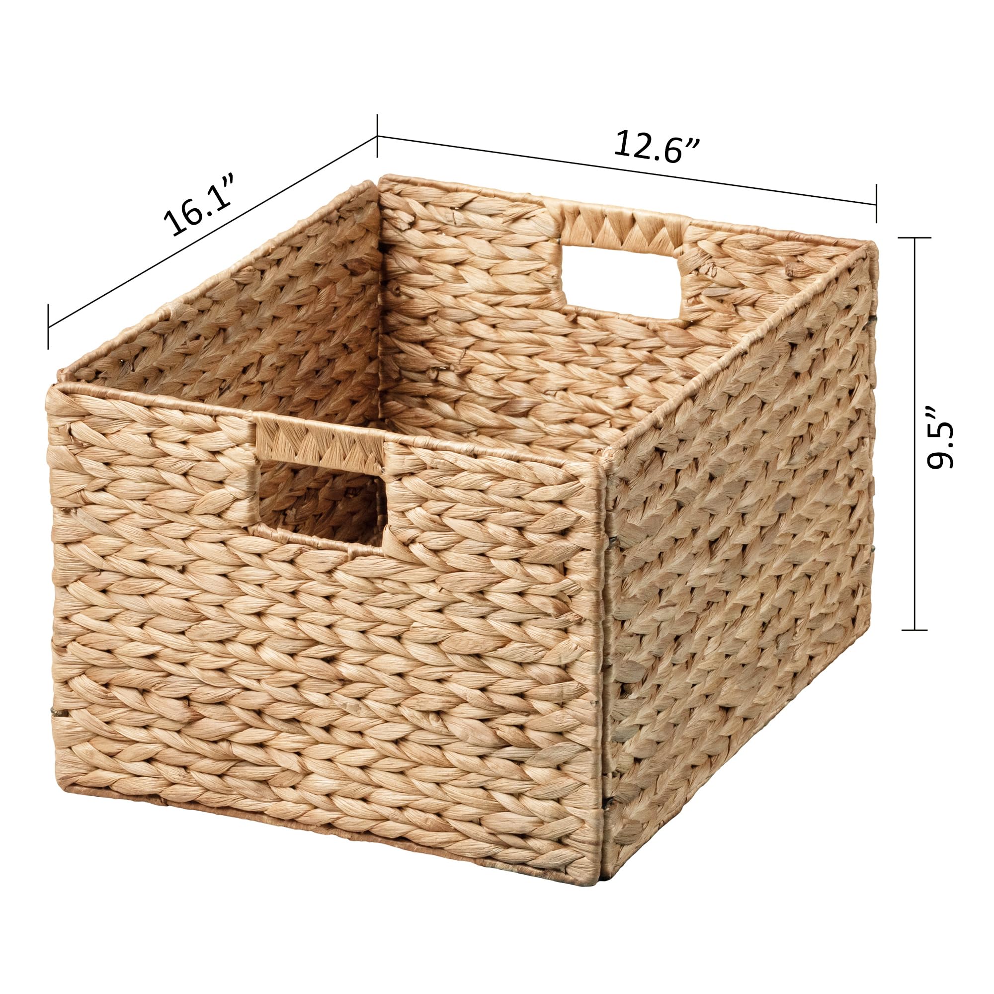 eHemco Rectangular Water Hyacinth Wicker Storage Baskets with Iron Wire Frame and Built-in handles 16.1''x12.6''x9.5''  Light Brown  Set of 4
