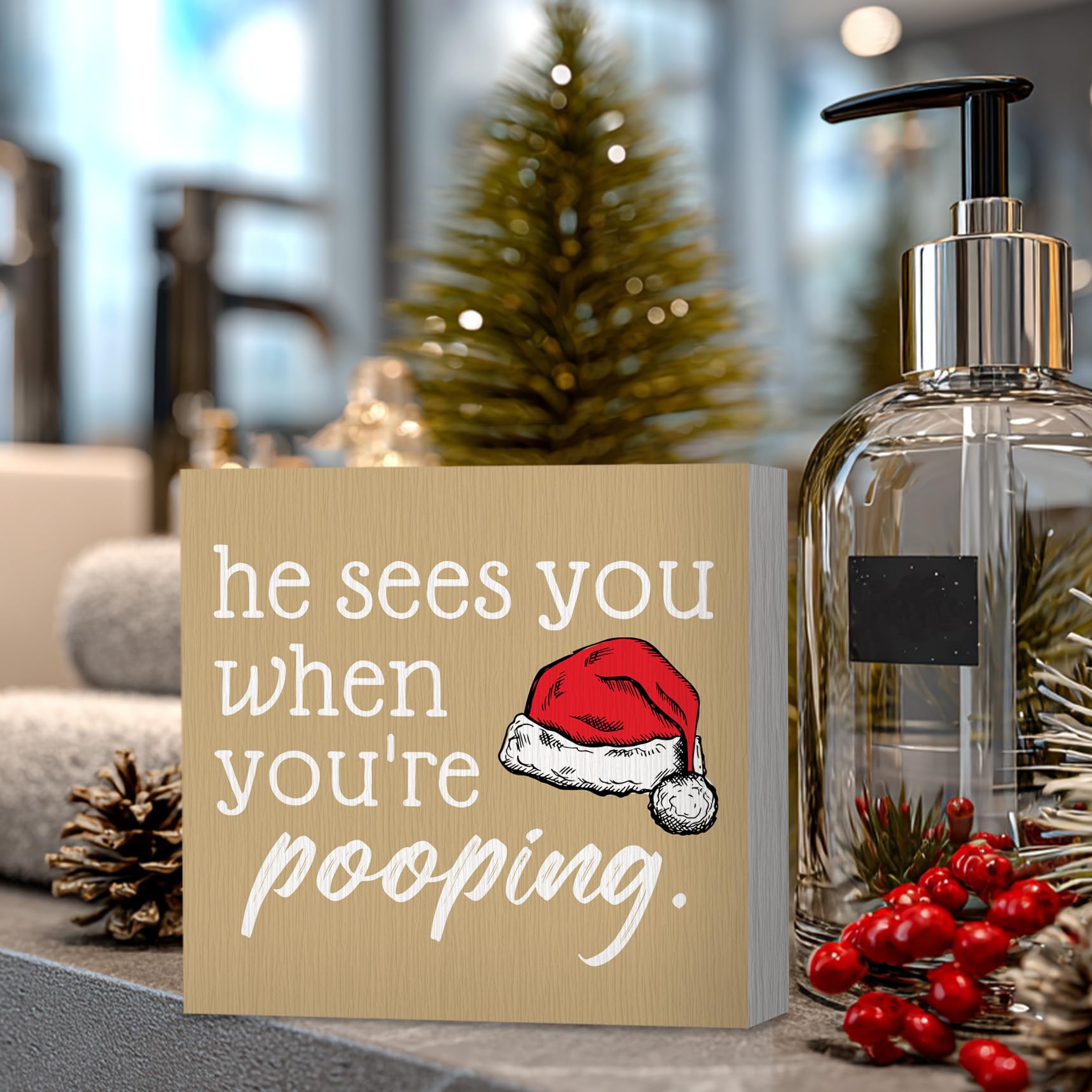 ANIANG He Sees You When You're Pooping Sign, Funny Christmas Decorations, Bathroom Christmas Decor, ChristmasSign, ChristmasWood