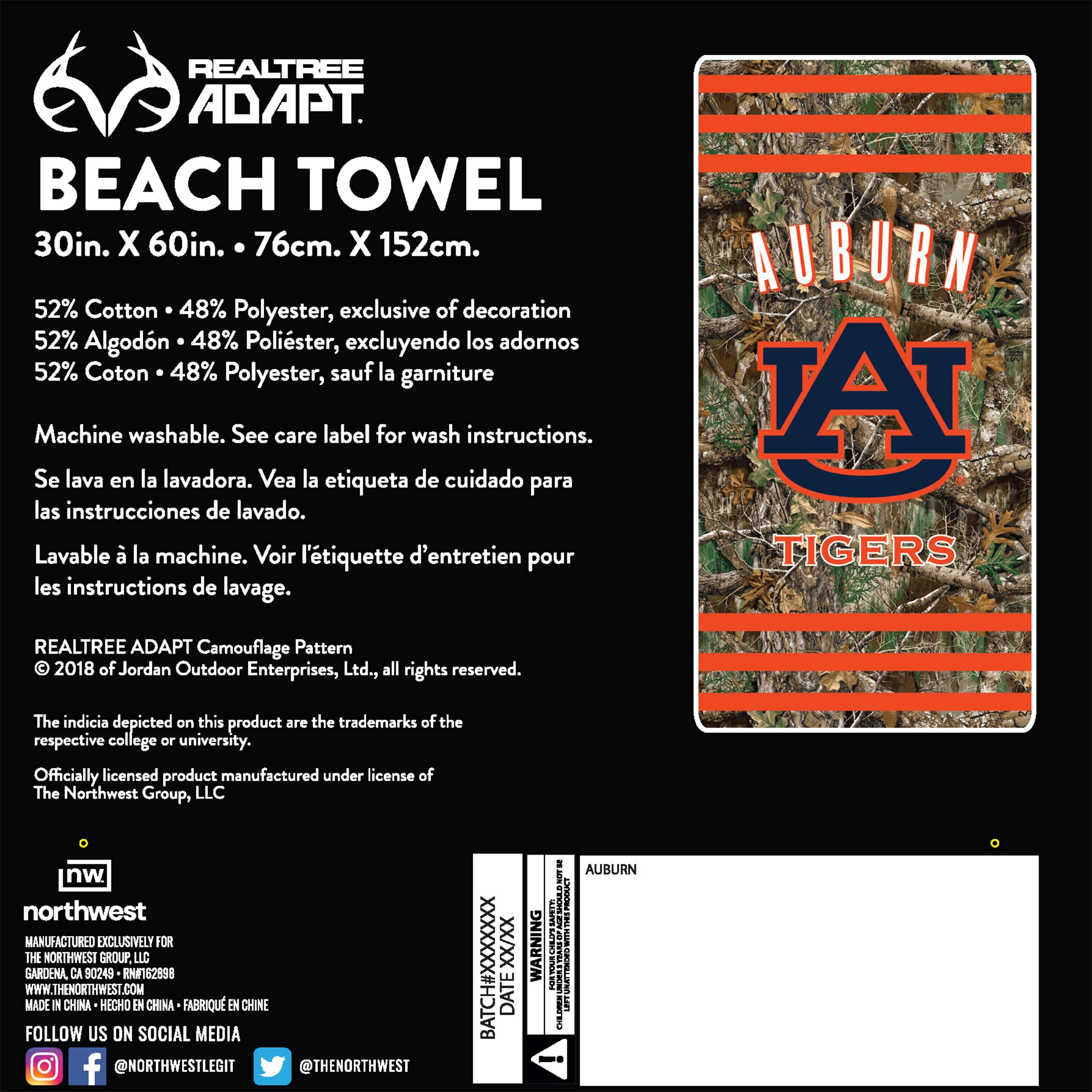 Auburn Penn State Real Tree Stripes Beach Towel(D0102H94JUW)