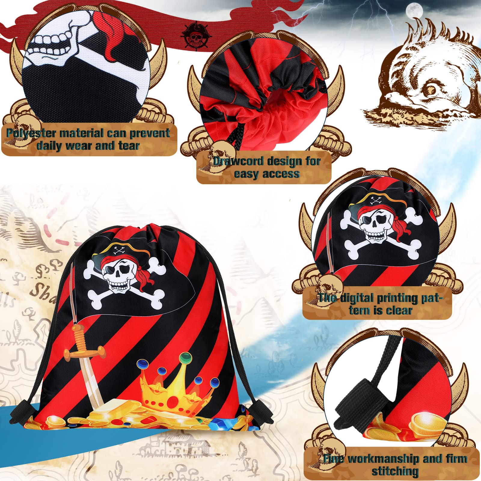 Woanger 16 Pcs Pirate Party Favor Bags Pirate Drawstring Bags For Kids Captain Skull Party Goodie Gift For Halloween Cosplay Adv