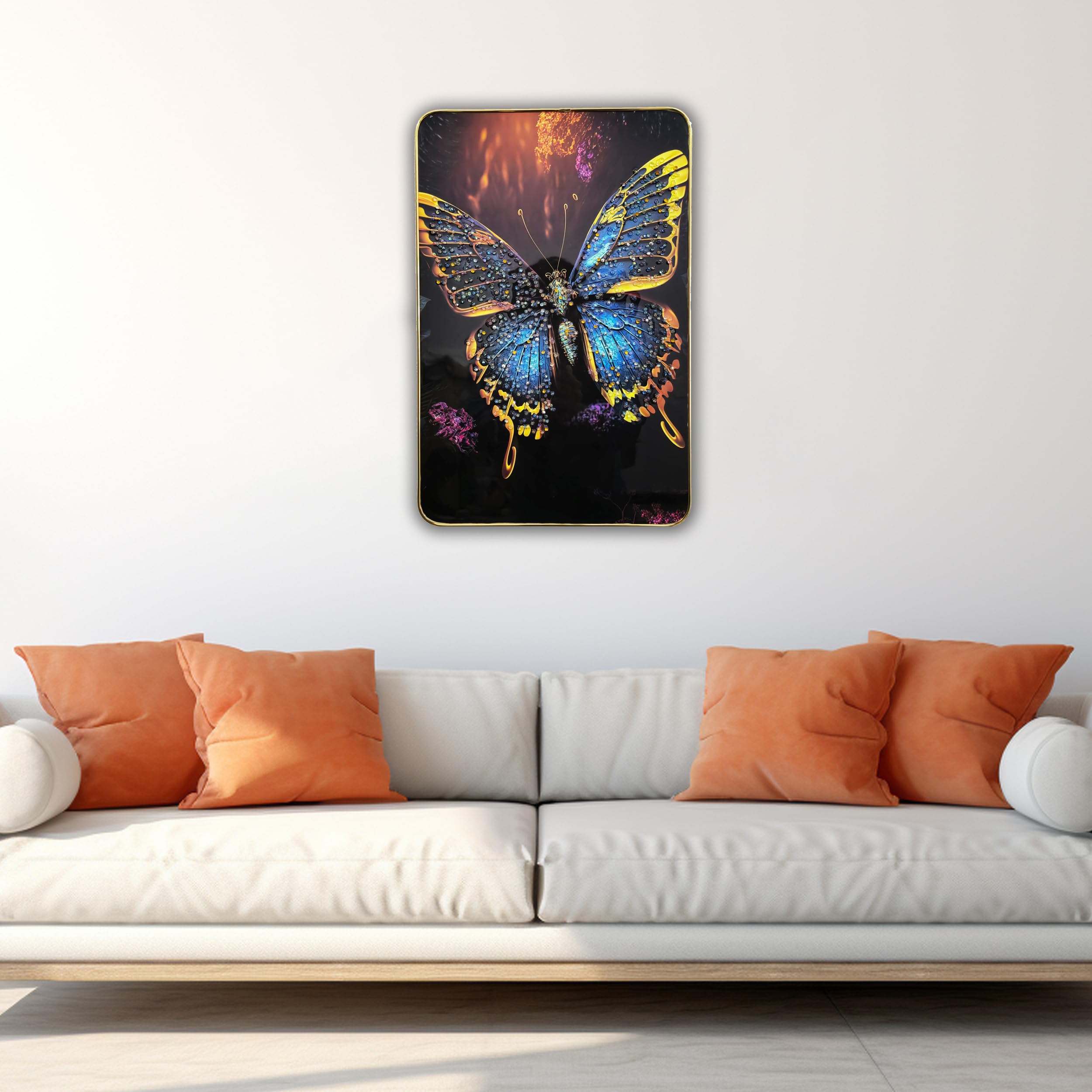 Masstone Decorative Butterfly Wall Painting With Crystal Embedded High Gloss Surface Gold Slim Frame Embossed, 45X30 Cm Wall Han