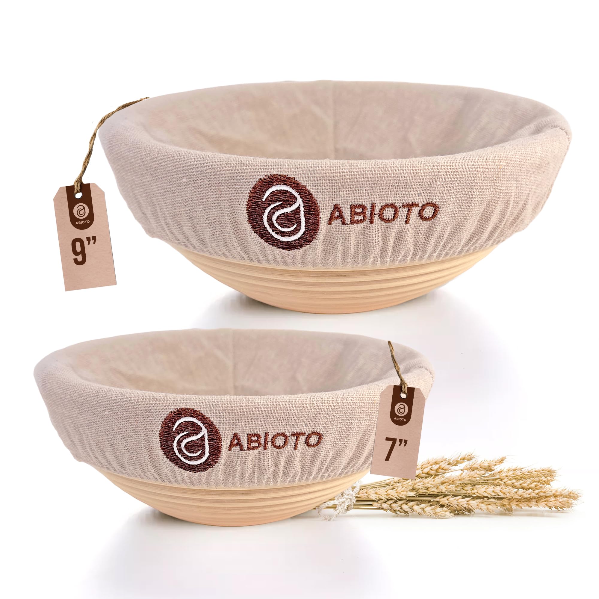 Abioto Bread Proofing Baskets For Sourdough Bread Baking - 7 And 9 Round Banneton Baskets With Liners, Made Of The Finest In