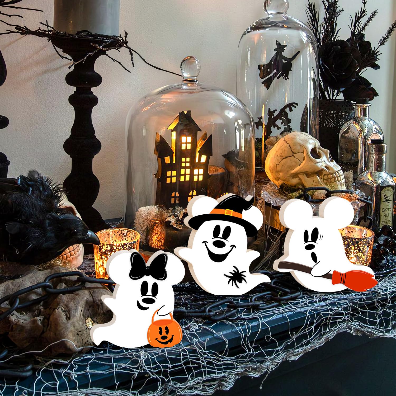 Halloween Mouse Shaped Cute Ghost Table Decor, 3 Pcs White Ghost Wooden Signs, Witch Pumpkin Spider Wood Centerpiece Tabletop Or