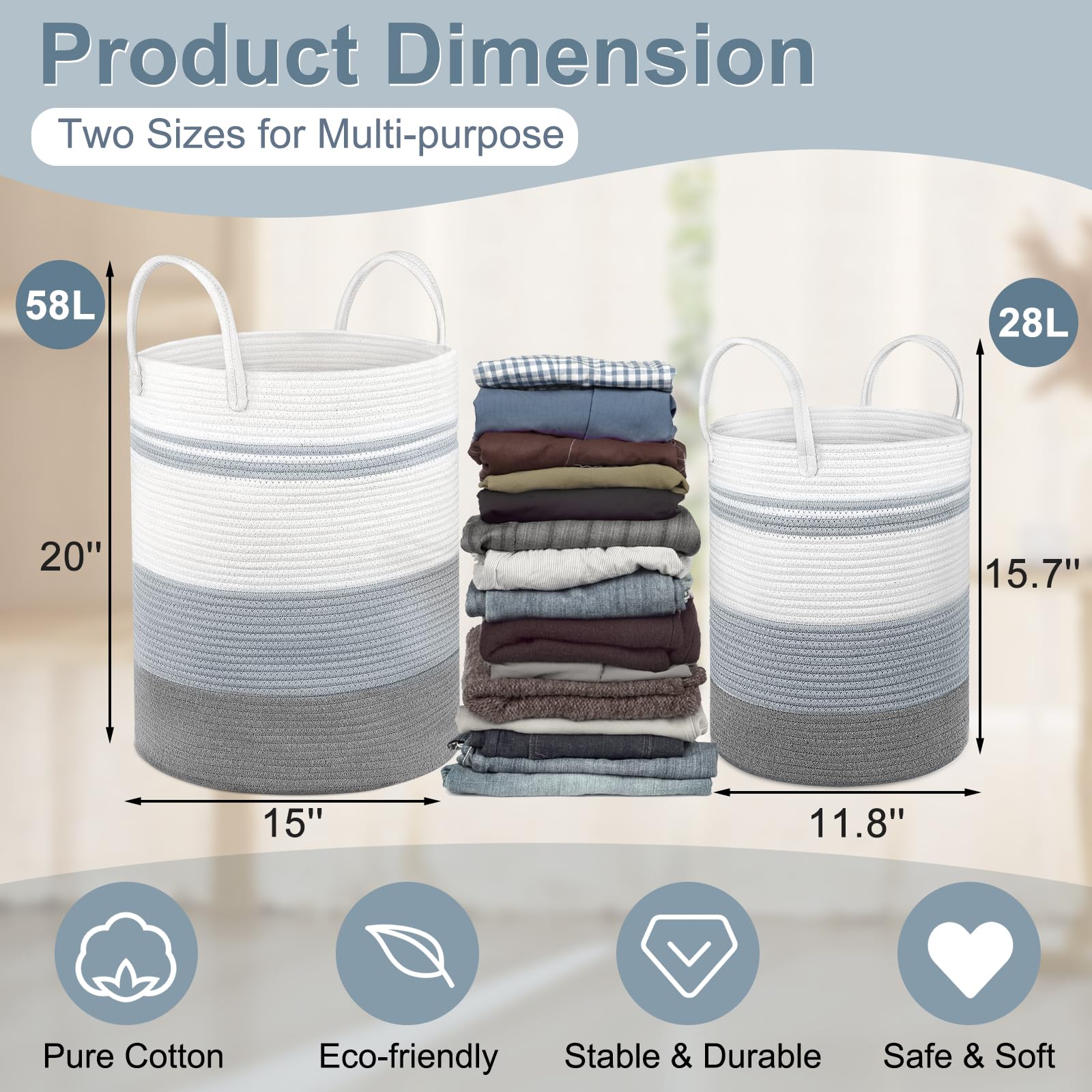 2 Pack Large Tall Rope Laundry Baskets, Cotton Laundry Hamper, Dirty Clothes Hampers Woven Basket, Blanket Basket Storage For Li