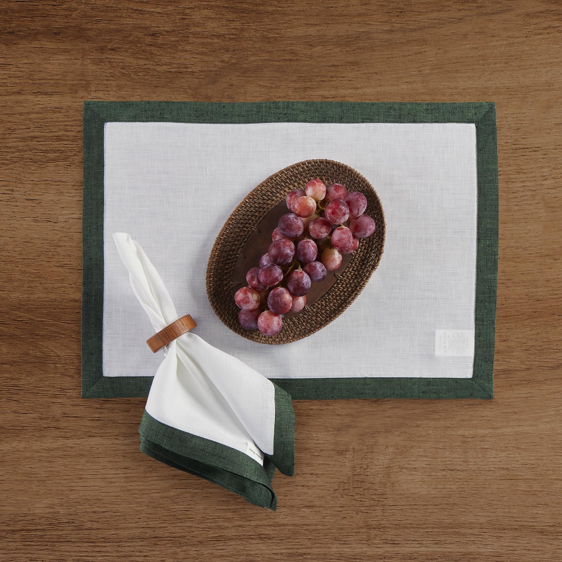 Solino Home Linen Dinner Napkins 20 X 20 Inch - 100% Pure Linen Forest Green And White Cloth Napkins Set Of 4 - Classic, Handcra