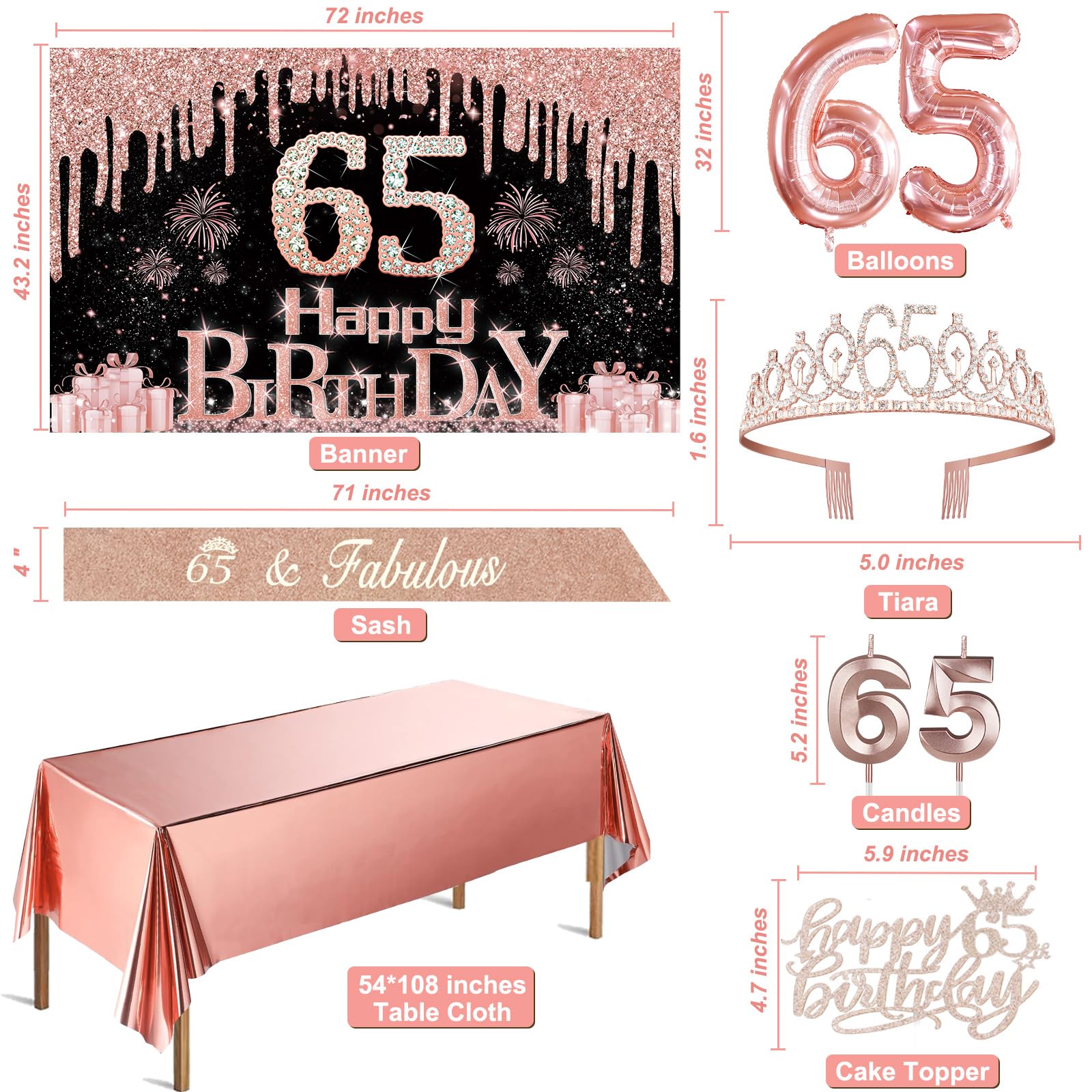 65Th Birthday Decorations For Women With Banner, Rose Gold Tablecloth, Number Balloons, 65Th Birthday Sash And Tiara, Cake Toppe
