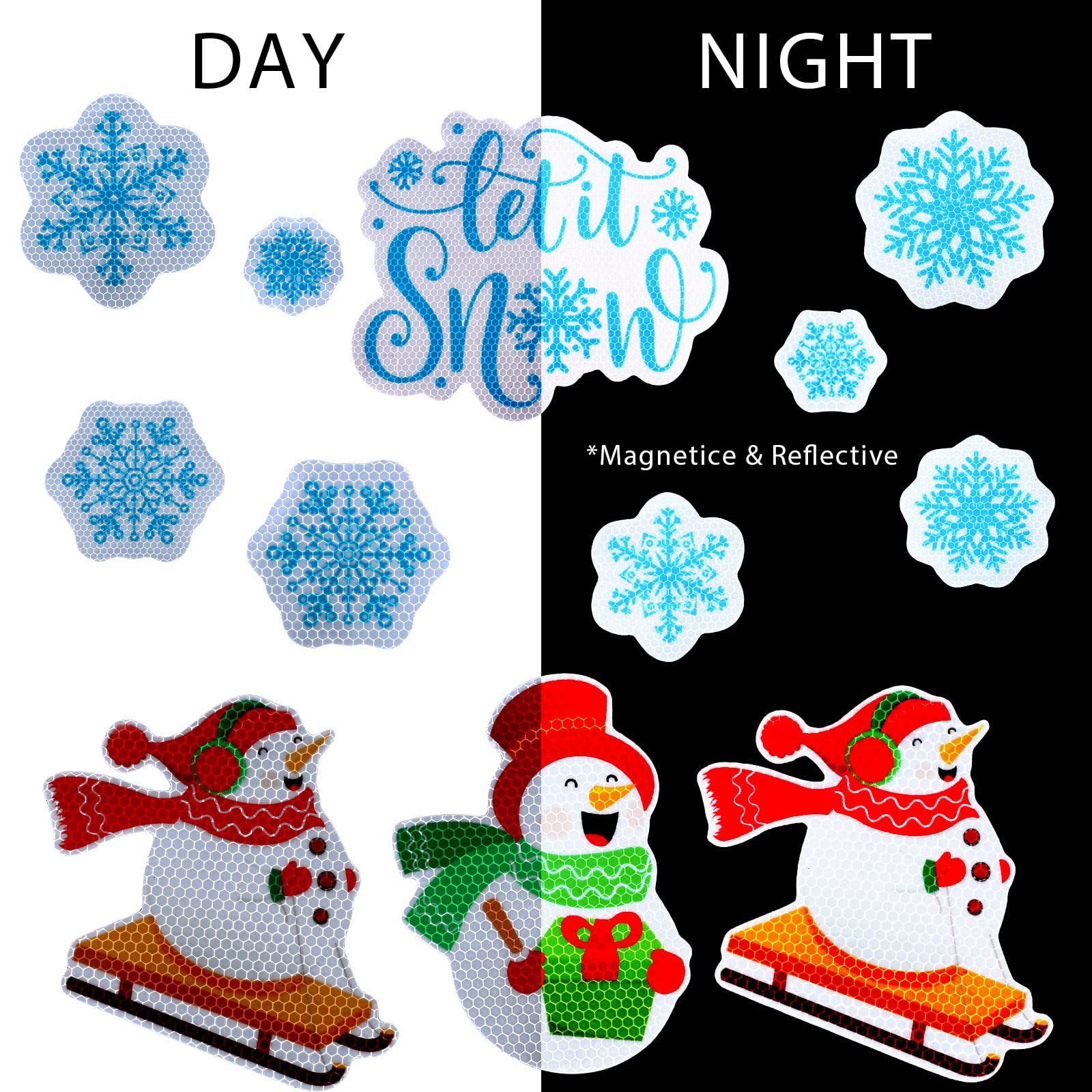 Whaline 18Pcs Christmas Reflective Magnet Set Let it Snow Refrigerator Magnet Snowman Snowflake Garage Magnet Decals for Xmas Mailbox Metal Door Cabinet  8 Design(Not for Aluminum Alloy Vehicle)