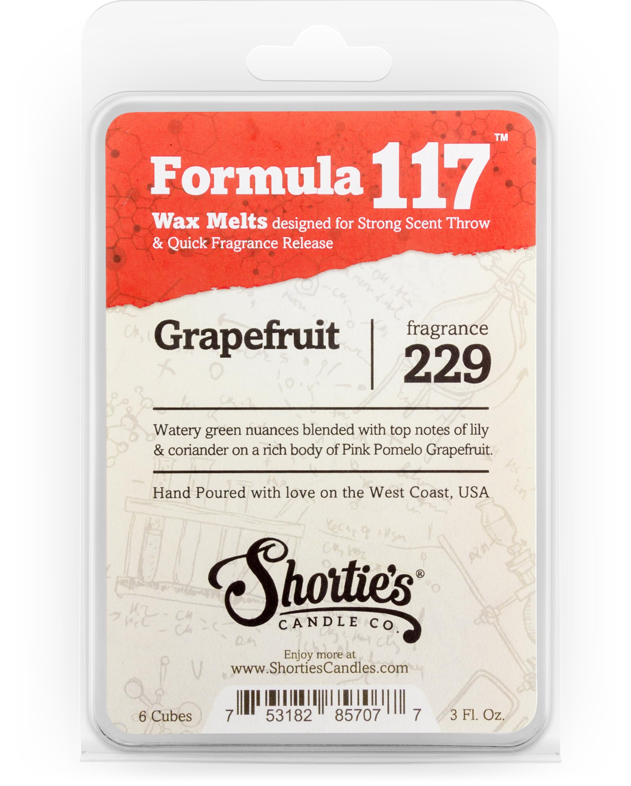 Shortie's Candle Company Grapefruit Wax Melts - Formula 117-1 Highly Scented 3 Oz. Bar - Made with Essential & Natural Oils - Fr