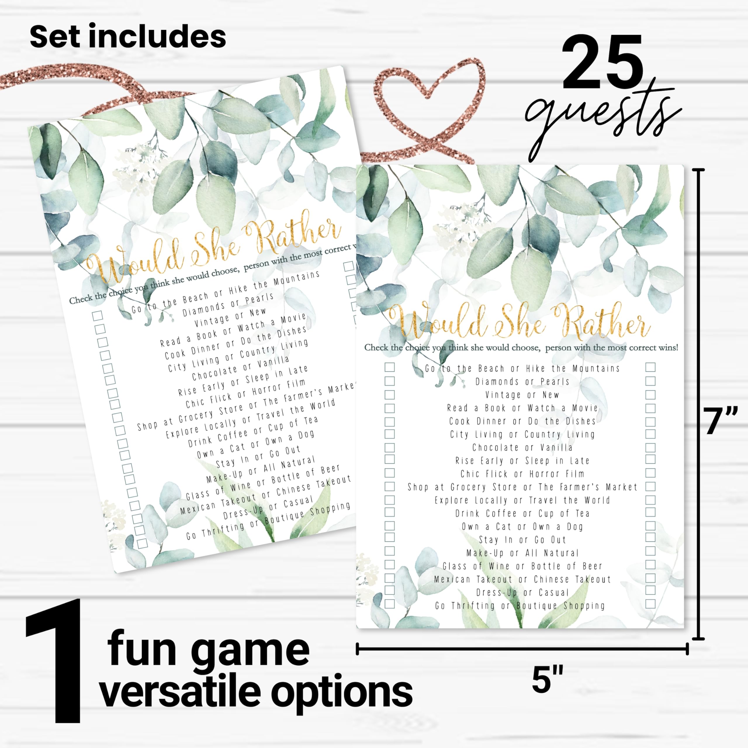 Greenery Bridal Shower Games - 25 Cards - Who Knows The Bride Best & Would She Rather - Rustic Botanical Designs For Wedding Rec