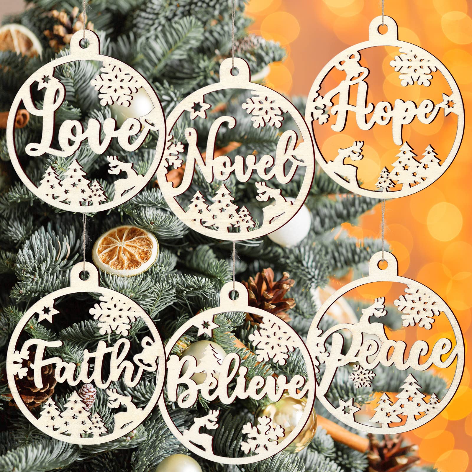 24 Pcs Christmas Hanging Wooden Ornaments Hollow Wood Letter Cutouts for Christmas Tree Pendants Gift Tags Wood Rustic Xmas Tree