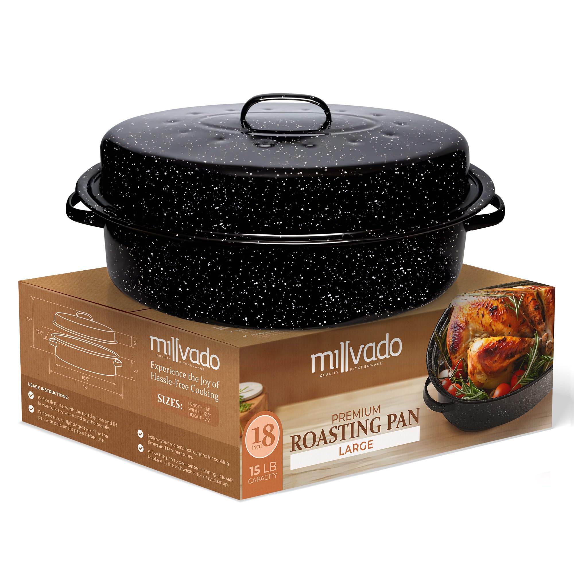 Millvado Roasting Pan With Lid, Turkey Roaster Pan, Extra Large 15 Lb Capacity, 18 Granite Oven Roaster Oval Shaped Speckled Ena