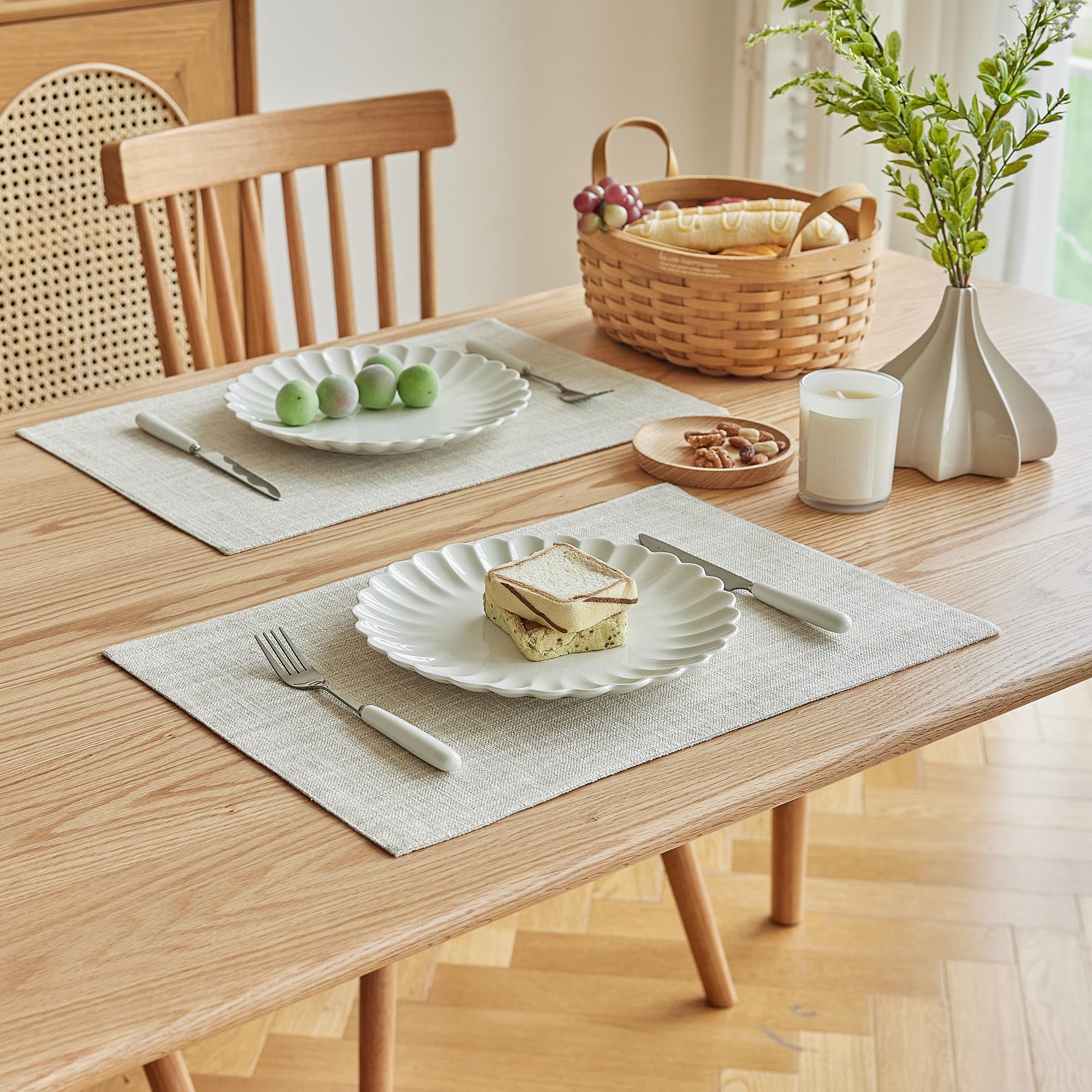 Softalker Faux Linen Placemats Set Of 8-12 X 18 Inch, Heat Resistant Double Layered Durable Burlap Farmhouse Place Mats, Non-Sli
