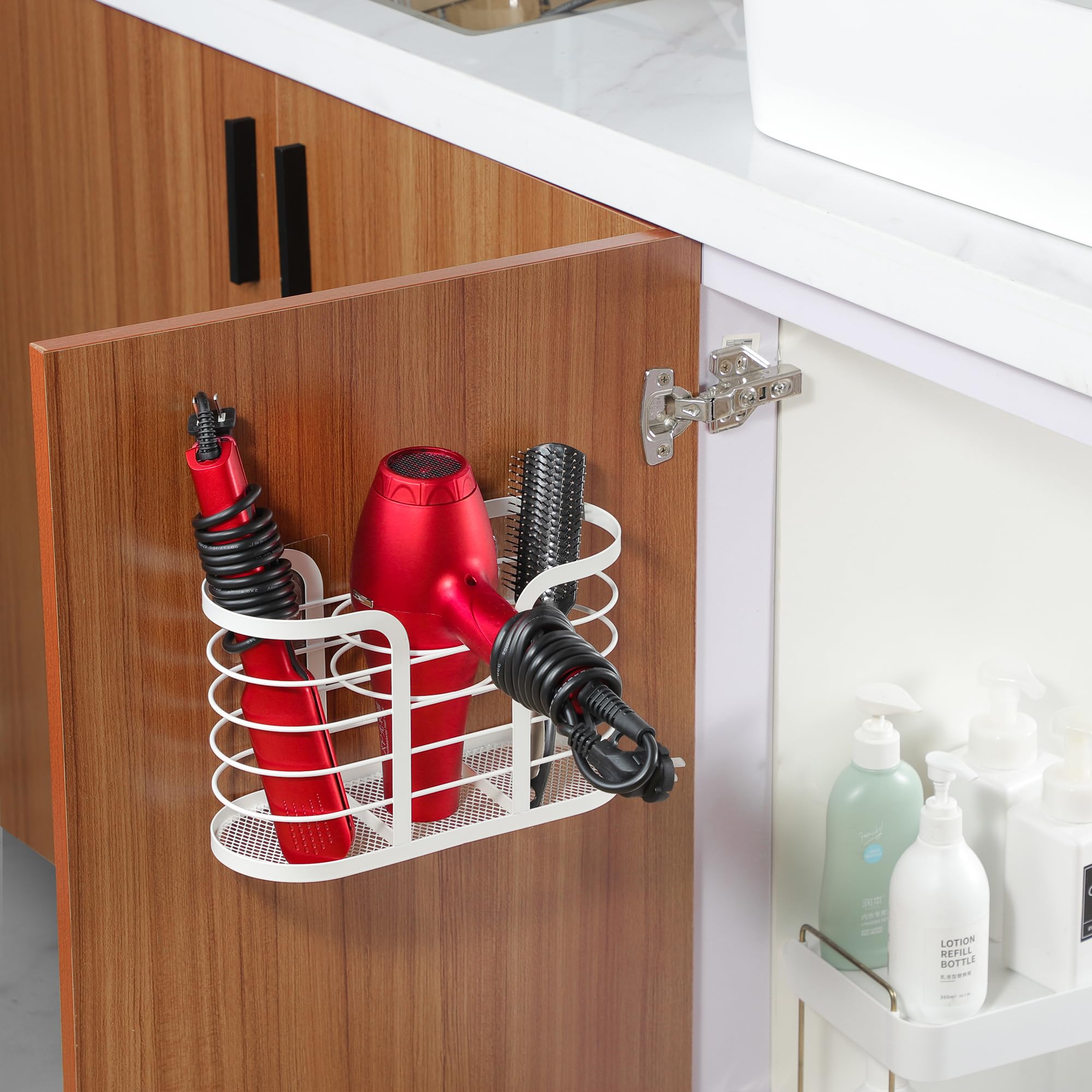 Yigii White Hair Dryer Holder - Adhesive Blow Dryer Holder/Hair Tool Organizer Bathroom Organizer Stick On Wall Mounted Multi-Fu