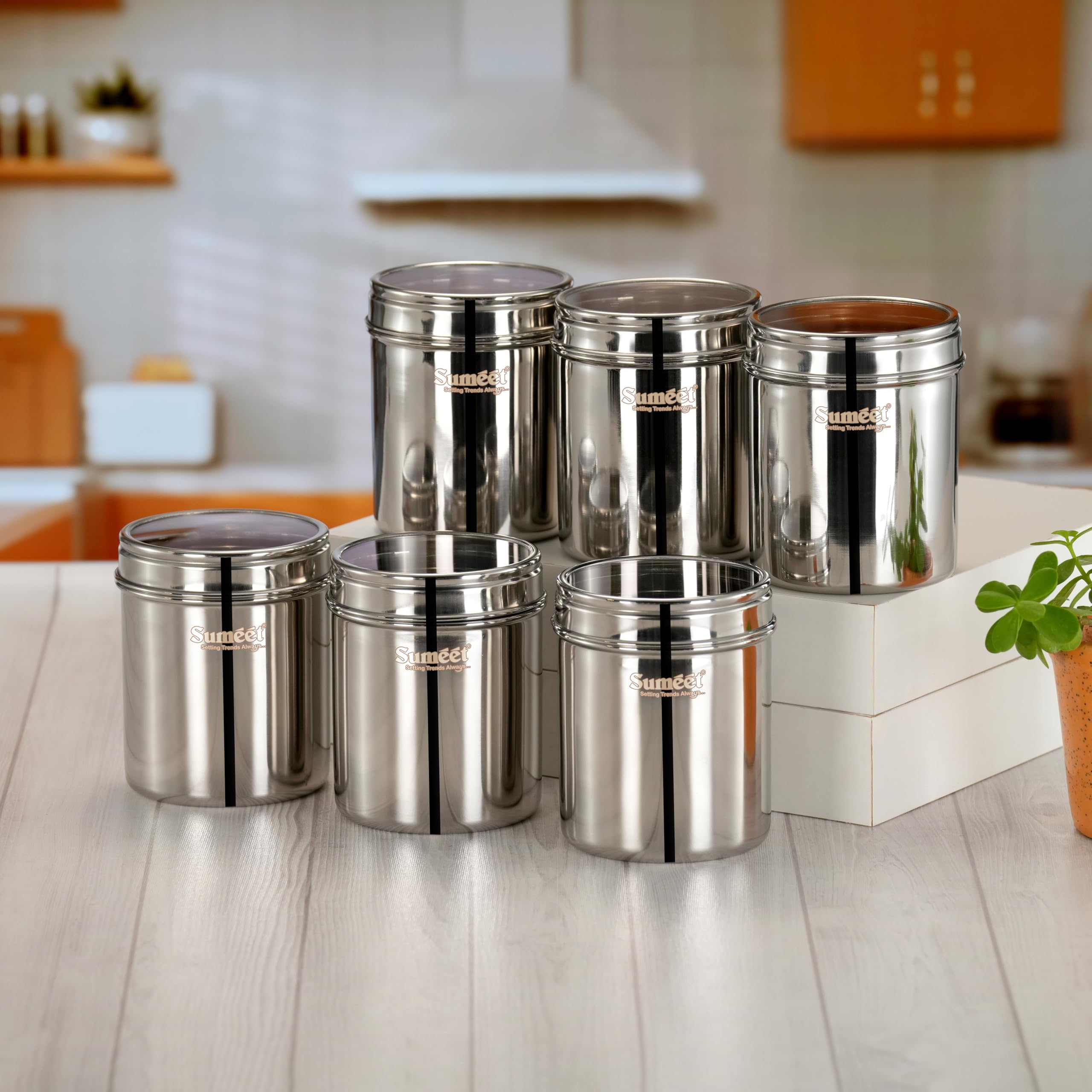 Sumeet Stainless Steel Small Containers Jars Dabba for Kitchen Storage with See Through Lids - set of 6Pcs  750ml capacity each  9cm Dia  Silver