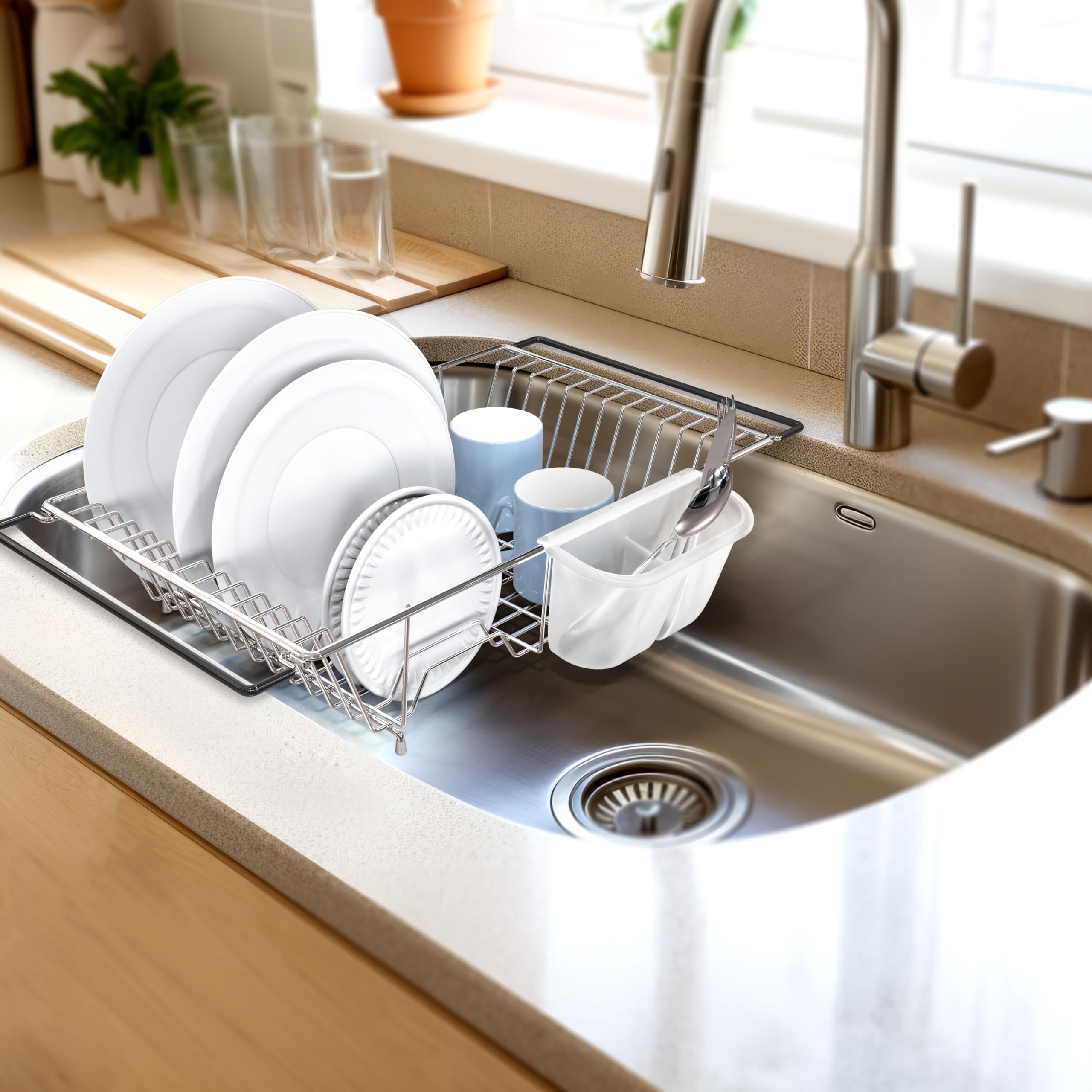 Simple Houseware Large Over Sink Counter Top Dish Drainer Drying Rack With Utensil Holder, Chrome