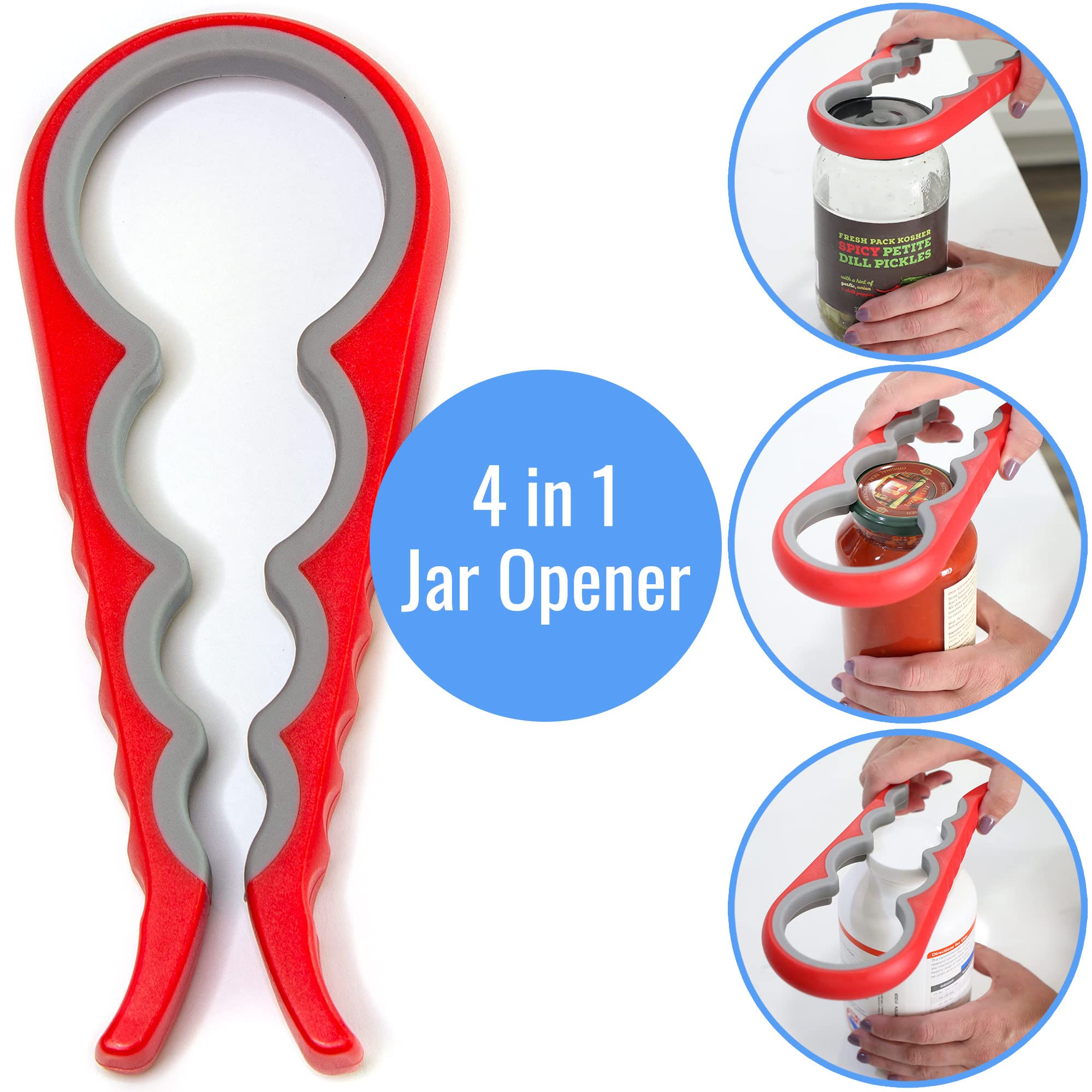 HealthSmart 3-Piece Jar Opener Set, 4-in-1 & 5-in-1 Tools, Silicone Non-Slip Pad, Red, Model 640-6701-0000