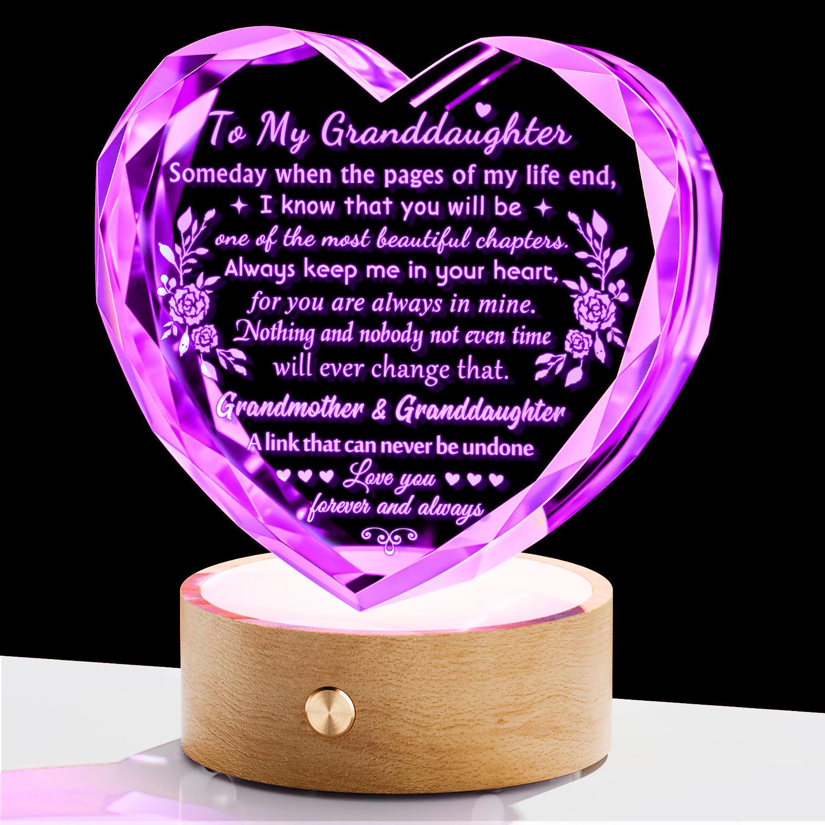 YWHL Granddaughter Gifts from Grandma, Birthday Gifts for Granddaughter, Crystal Heart Keepsake with Colorful Base, Graduation W