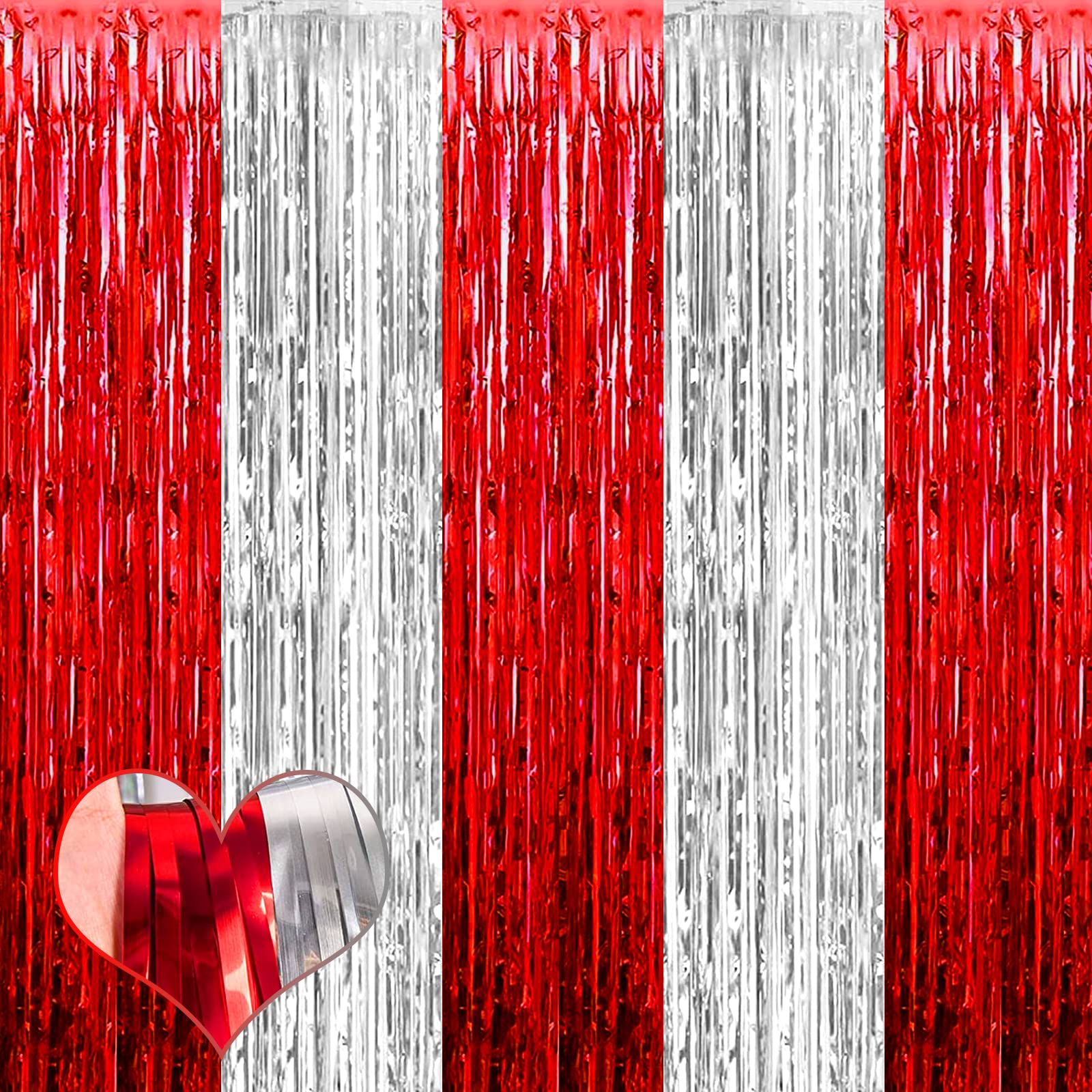 4 Pack 3.2Ft X 6.6Ft Red And Silver Fringe Curtain Backdrop, Metallic Tinsel Foil Fringe Streamers Curtains Background For Photo