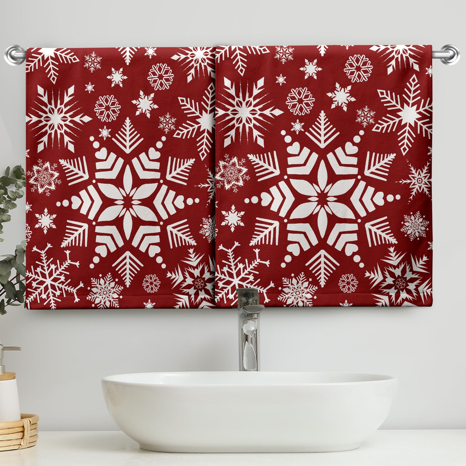 Lealeg Winter Snowflakes Bathroom Hand Towels Red Snow Kitchen Towel Holiday Snowflakes Dish Towels Washcloth Cotton Tea Towel S