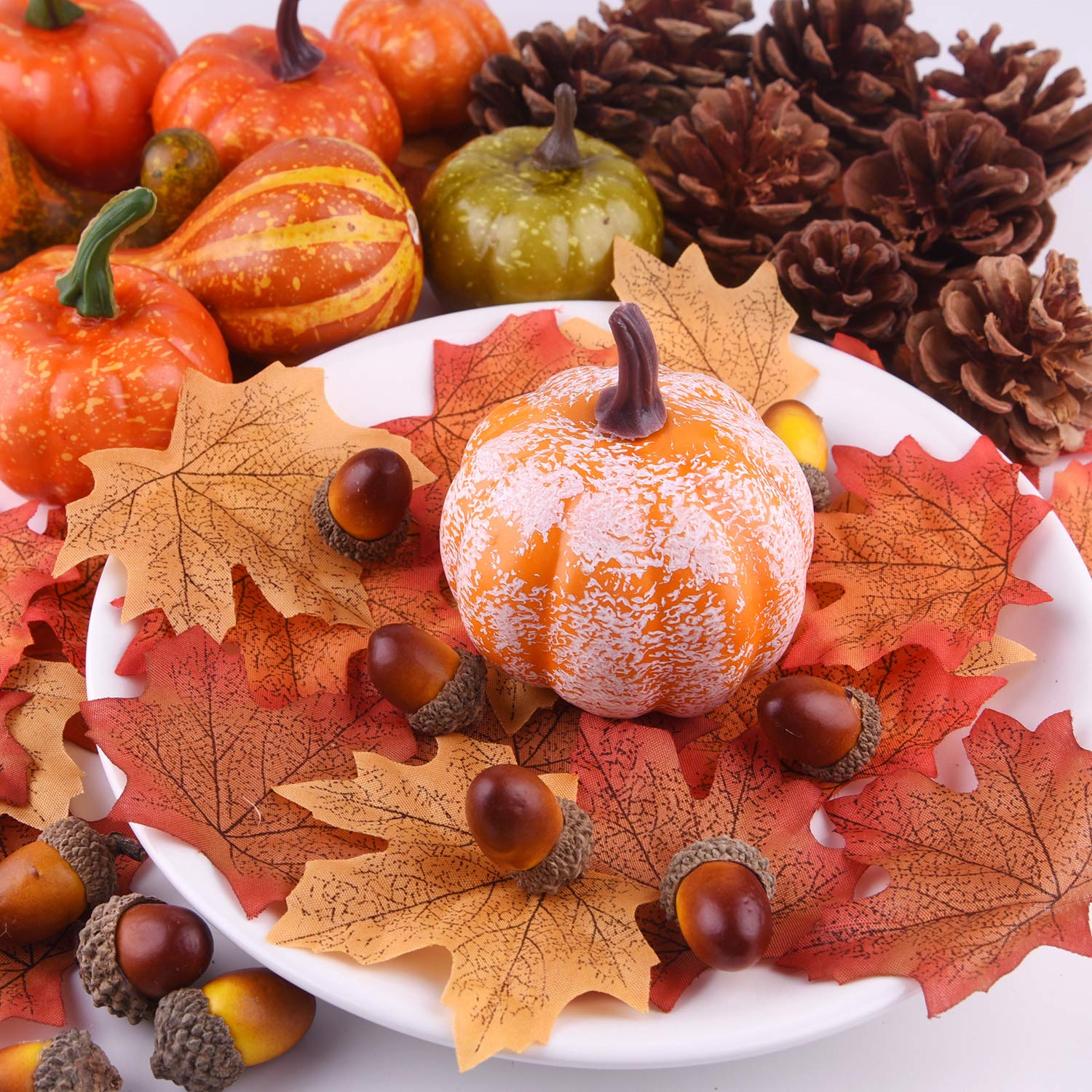 FEPITO 56 Pcs Fall Thanksgiving Decorations, Mini Artificial Pumpkins, Pine Cones, Fall Leaves, Acorns for Fall Party Decoration