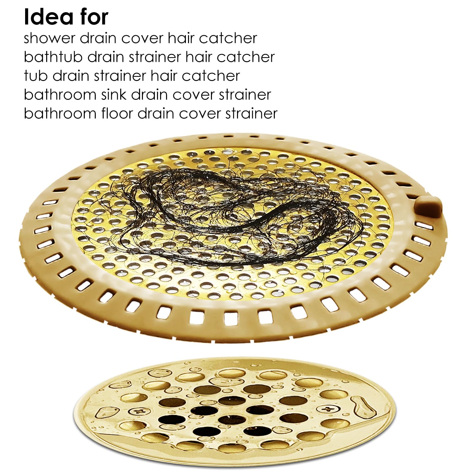 Seatery Hair Catcher Drain Strainer, Stainless Steel & Silicone, Gold, Model SHR-HC-2-G, 2PCS Set for Bathtub & Sink