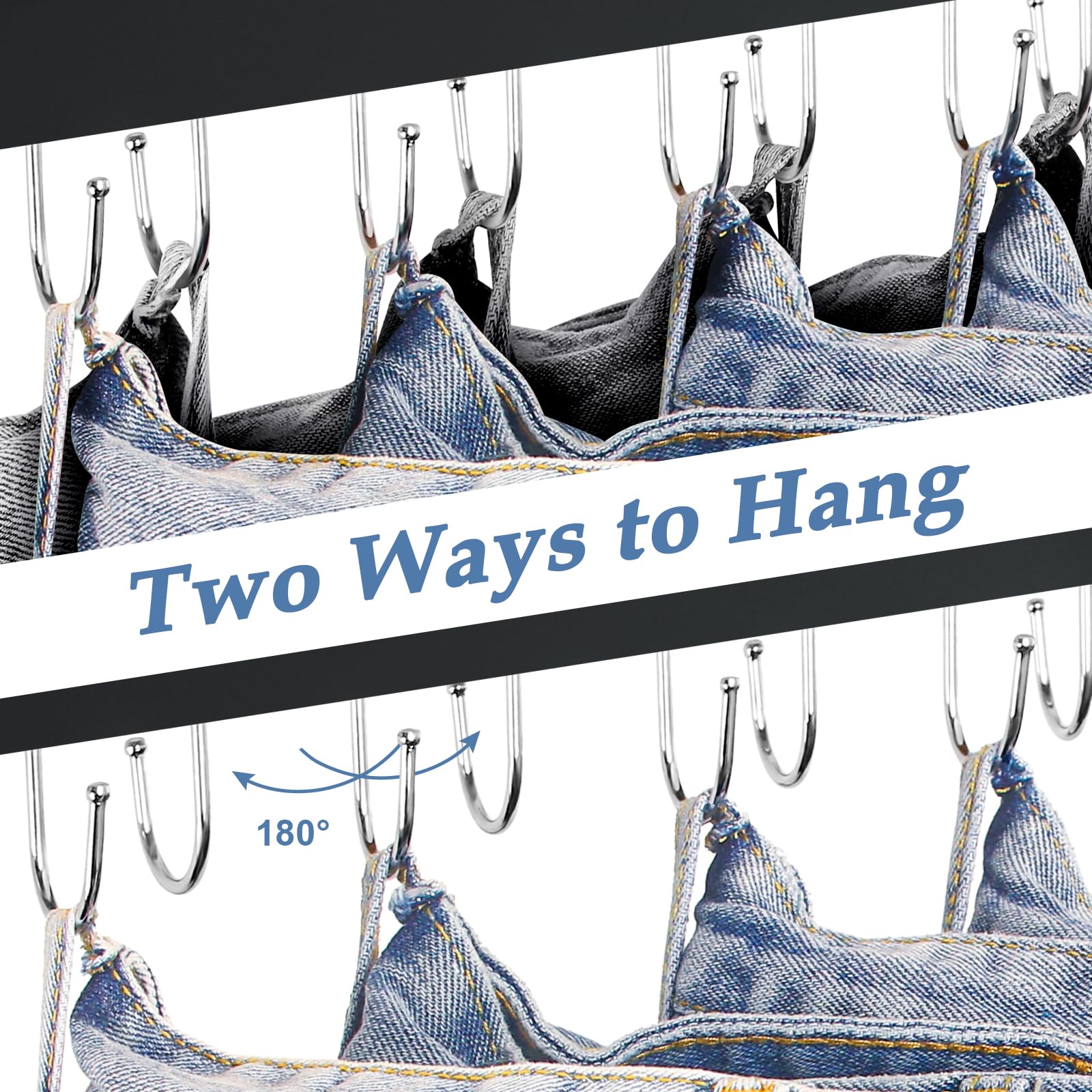KAQUBE Wood Jean Hangers, 180° Rotating Hooks, Space Saving, 2 Pack, Black