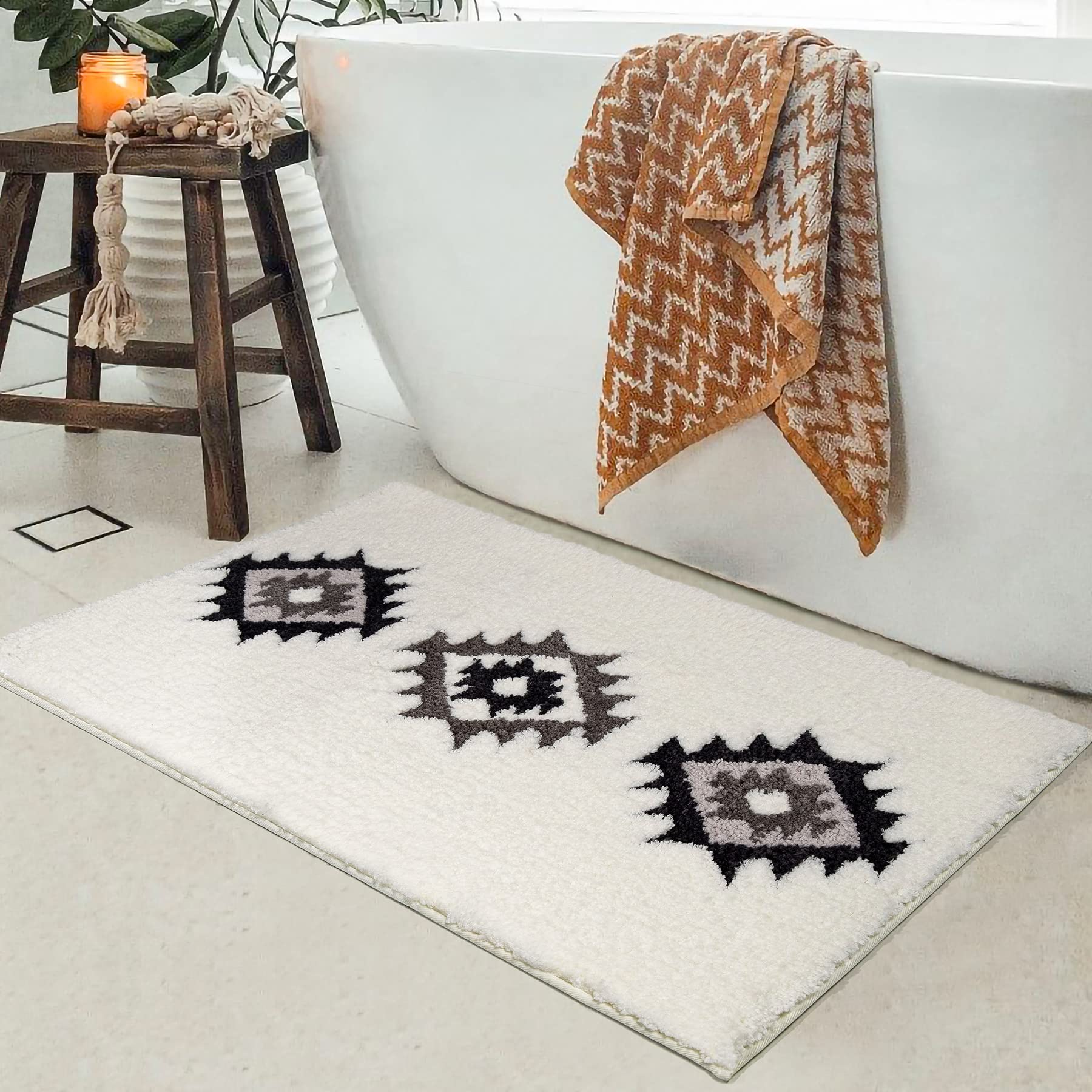 Dexde Boho Bathroom Rugs Black White Bath Mat Non Slip Long Bathroom Rug Runner Luxury Soft Absorbent Carpet For Bathroom Shower