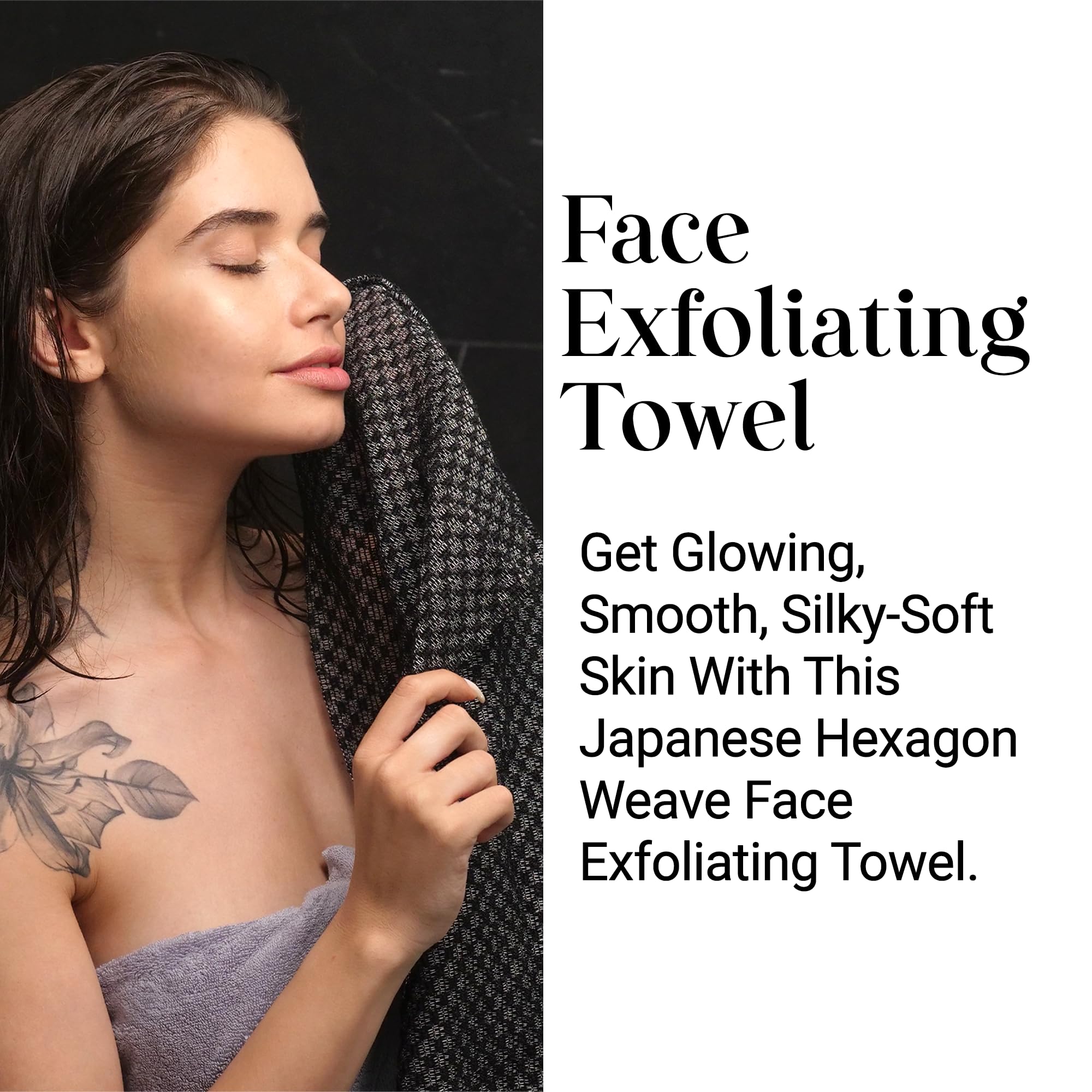 Sima Brand Exfoliating Washcloth - Japanese Scrub Towel, Hexagon Fibers, 27cm x 35cm, Black, 2-Sided Face & Body Scrubber