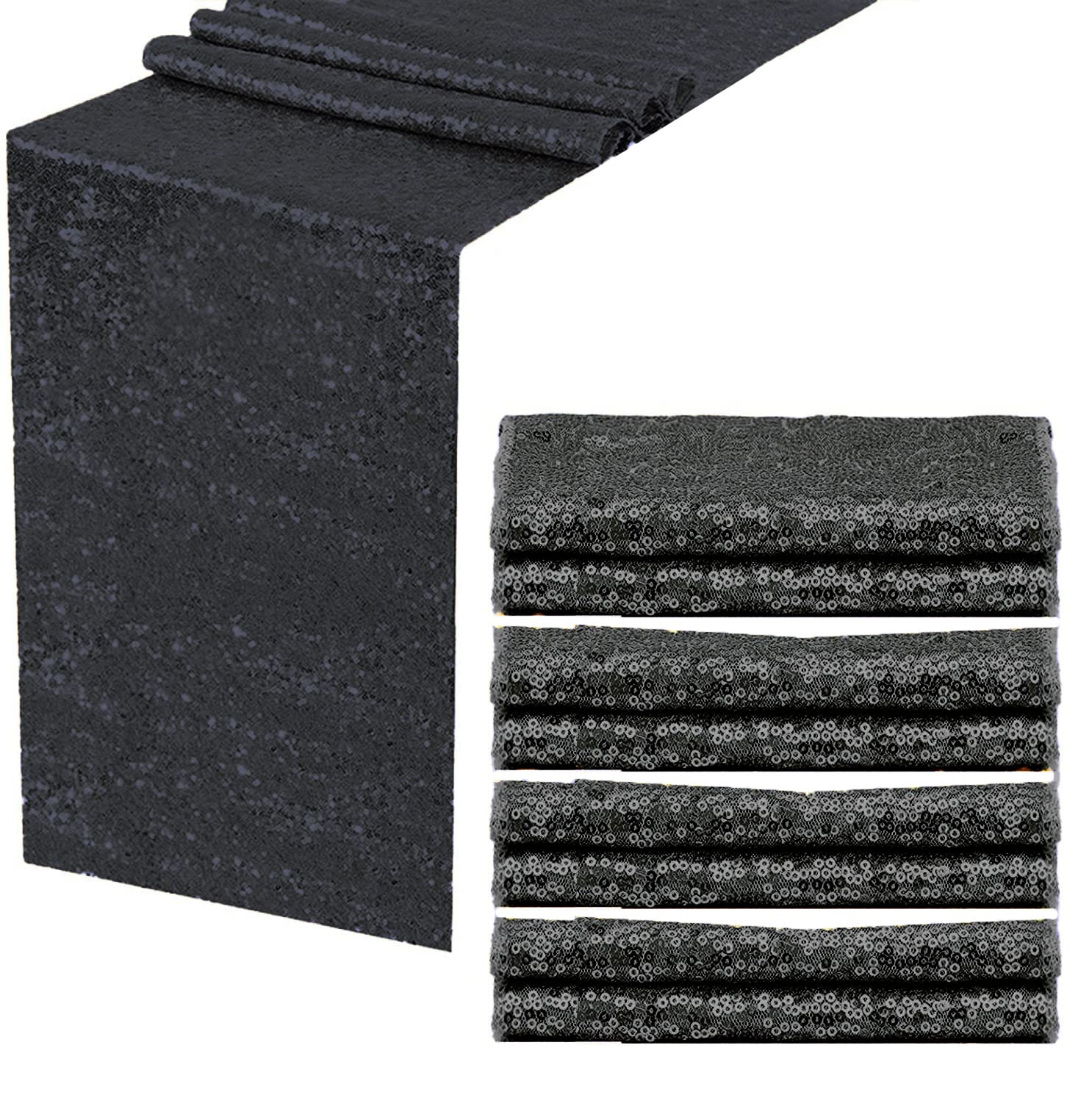 Fyledaee Black Sequin Table Runner 4Pack 12 X 108 Inch Long Table Runners,Glitter Shiny Fabric Runner For Round Rectangle Table