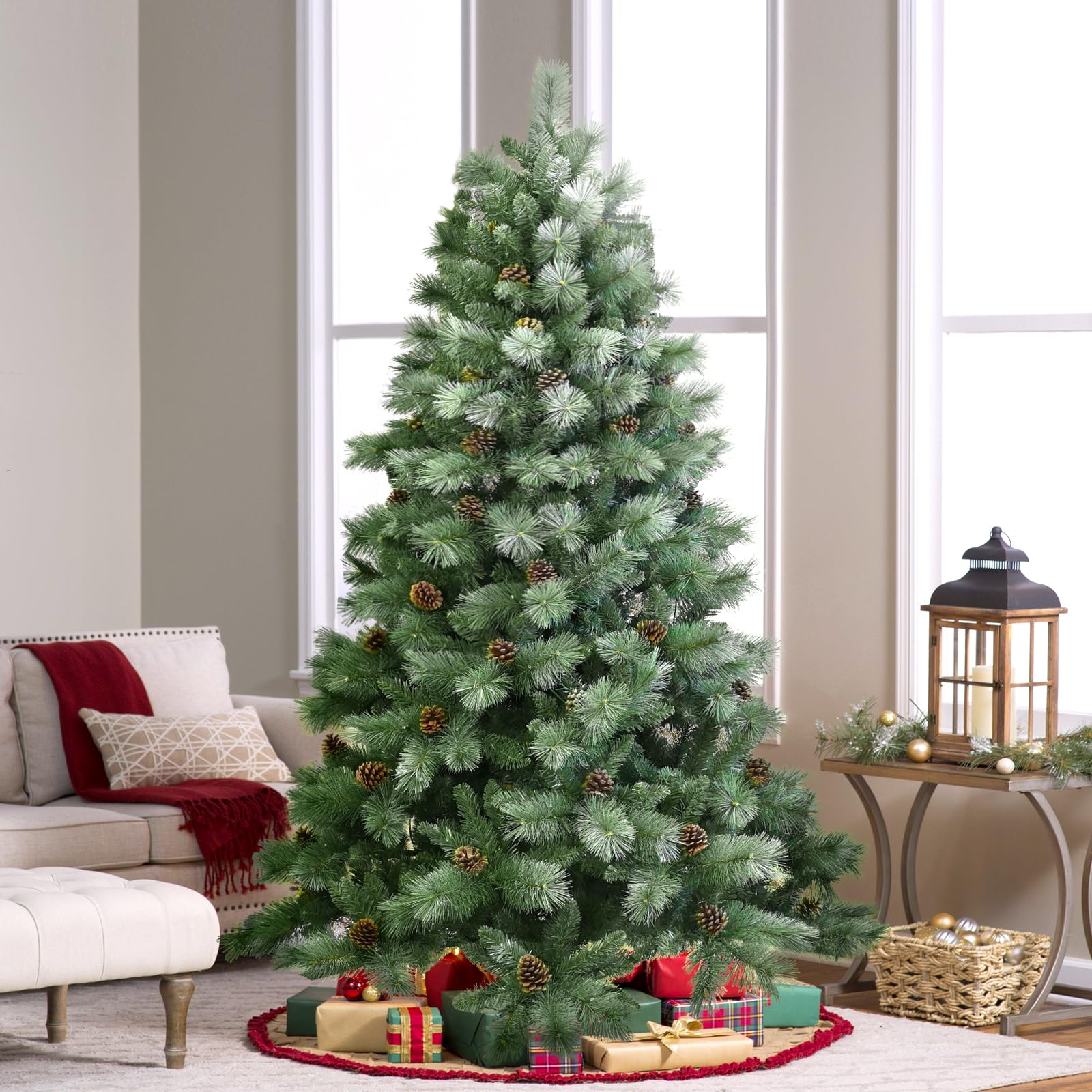 Blusxwish 9ft Snow Tips Christmas Tree with Pine Cones, Pre-Decorated & Easy Setup Unlit Hinged Artificial Xmas Tree for Indoor 