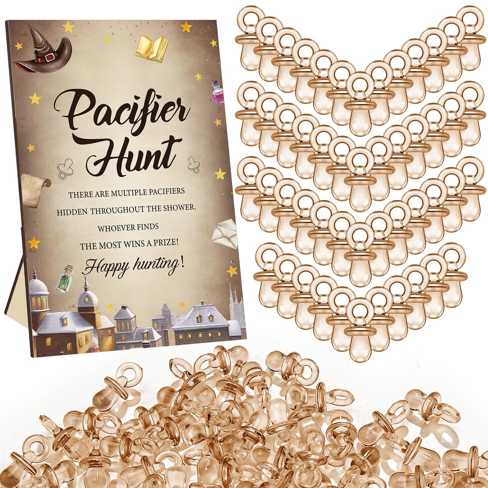 Thyle 51 Pcs Pacifier Hunt Baby Shower Games Include Hunt Sign and 50 Acrylic Pacifiers for Baby Shower Game Decoration Gift Set