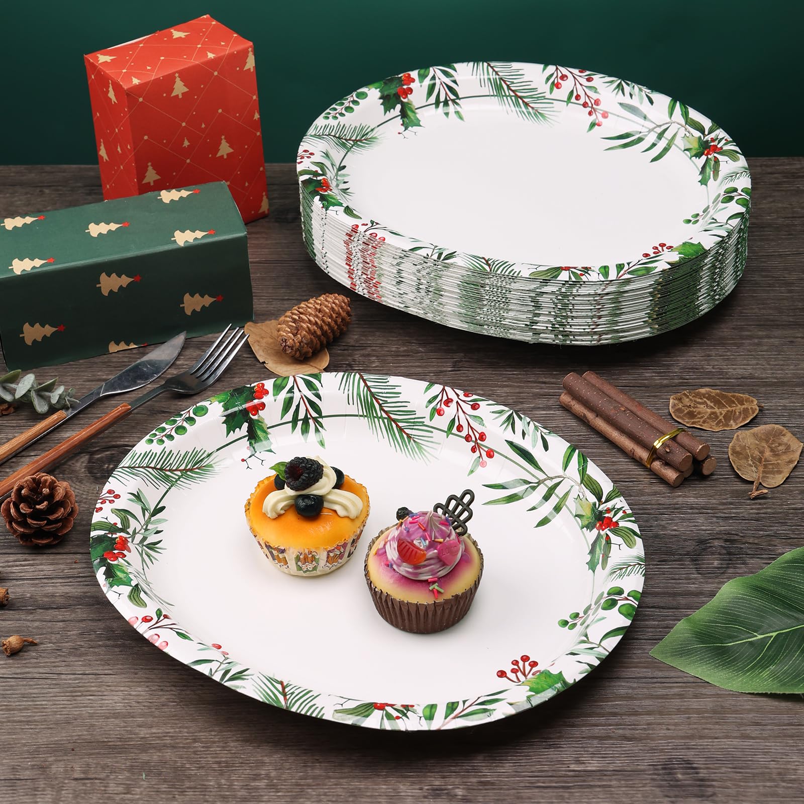 VEIZEDD 50 Count Oval Christmas Plates, 12x10 Heavy Duty Paper Plates with Holly Leaves Red Berries for Xmas Holiday Wedding Gre