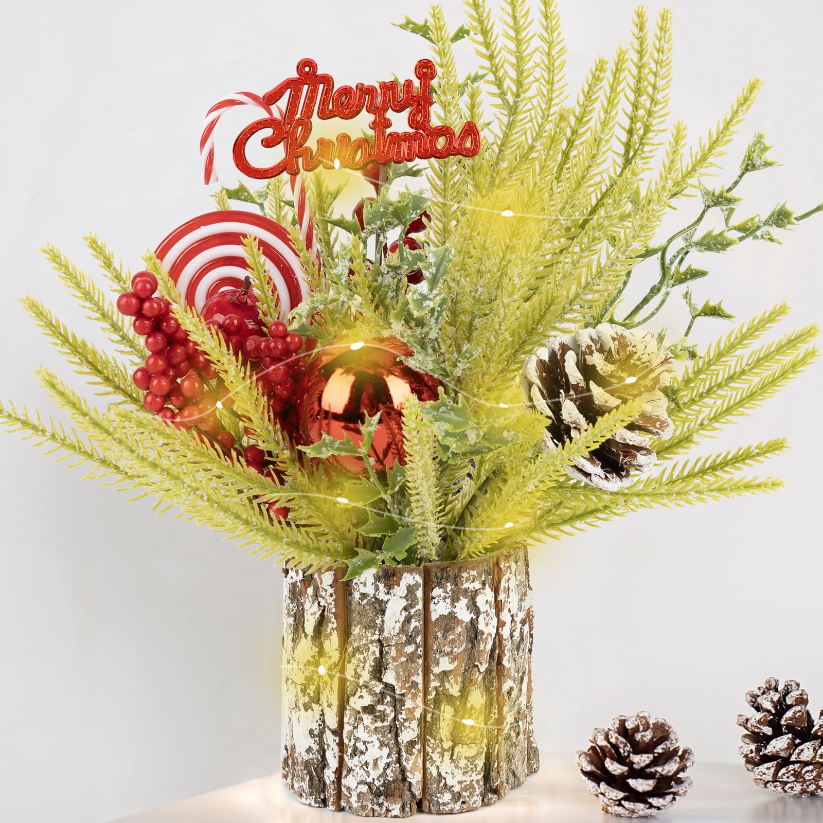 Small Table Top Christmas Tree with Lights, Mini Christmas Tree Decorations with Merry Christmas Candy Canes Pine Cones Berries 