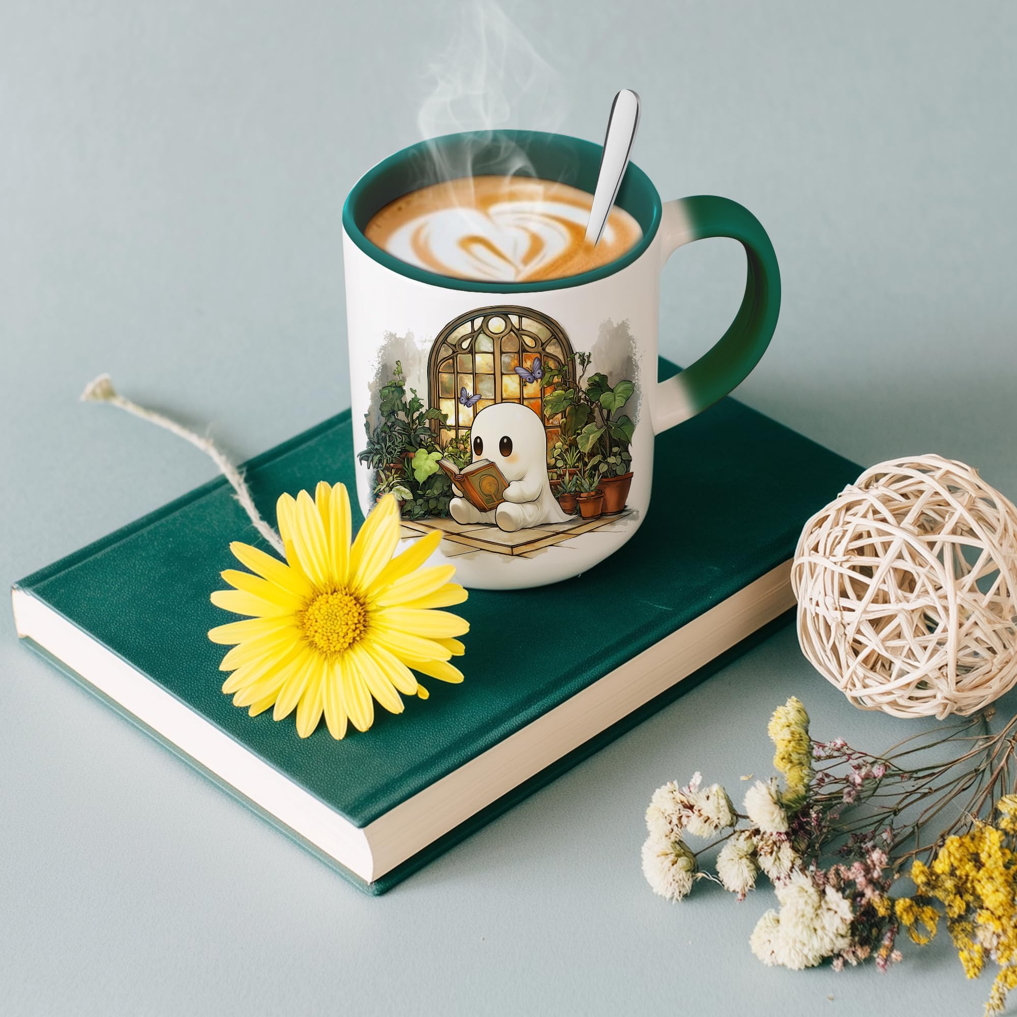 Hyturtle Cute Ghost Reading Coffee Mug with Spoon Gifts For Book Lovers, Plant Lovers On Birthday Christmas, Reading Cup Gifts F