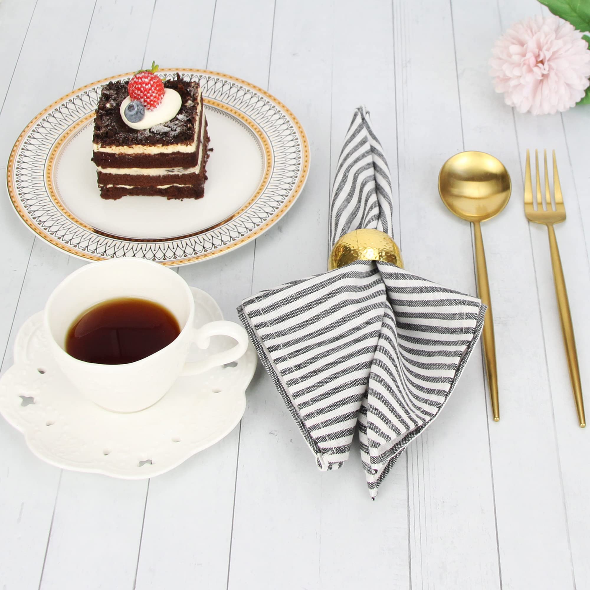 Infei Plain Striped Cotton Linen Blended Dinner Cloth Napkins - Set Of 12 (17 X 17 Inches) - For Events & Home Use (Black)
