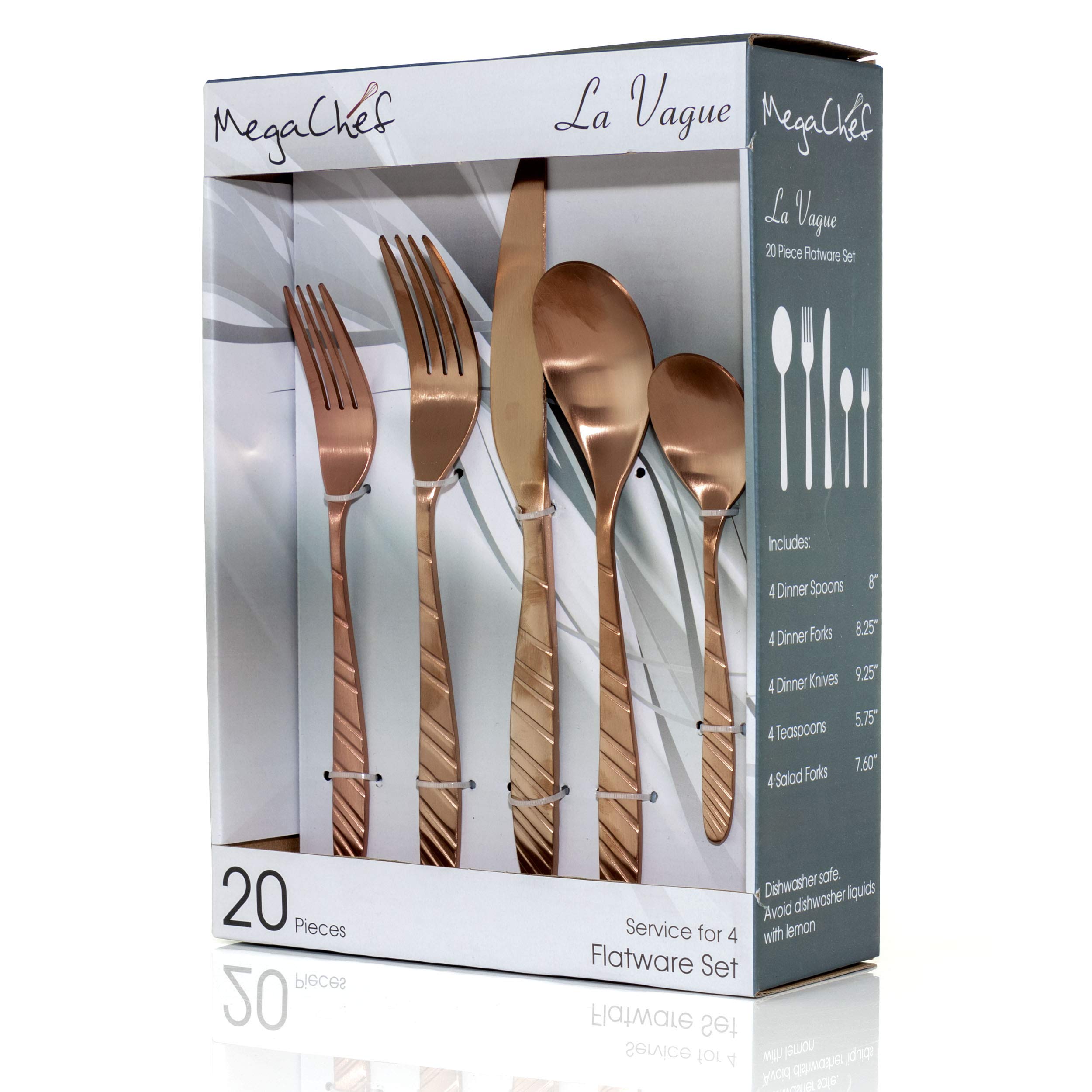 Megachef La Vague 20 Piece Flatware Utensil Set, Stainless Steel Silverware Metal Service For 4 In Matte Rose Gold