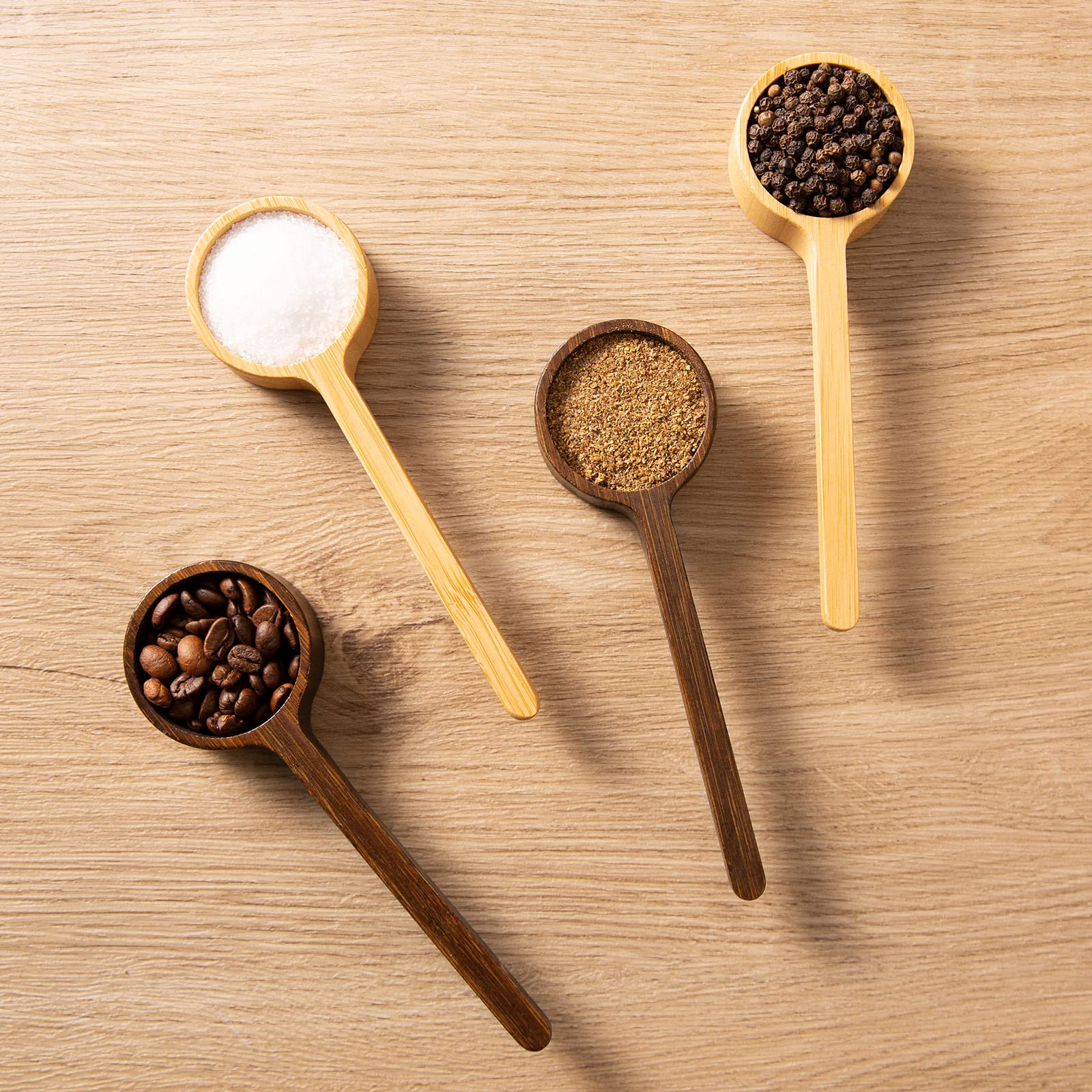 FLYPOKER Wooden Coffee Scoop - Small Long Handle Measuring Scoop for Jars, Brown, Set of 4, Model A006