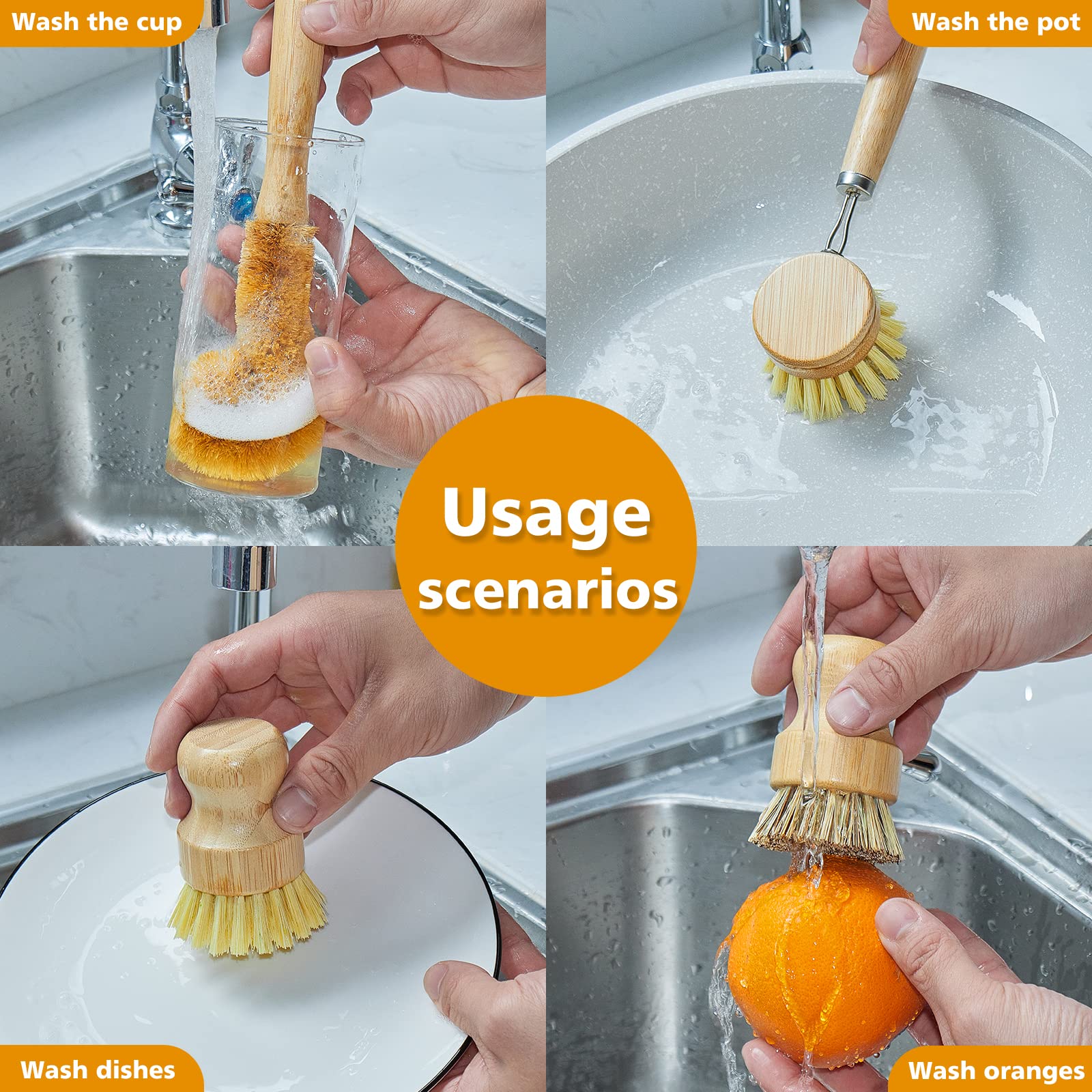 Samebuteco Bamboo Dish Brushes Sets 4 Tools In One Kitchen Clean Dish Scrubber For Pots Pans Bottles With Natural Bristles (Bamb