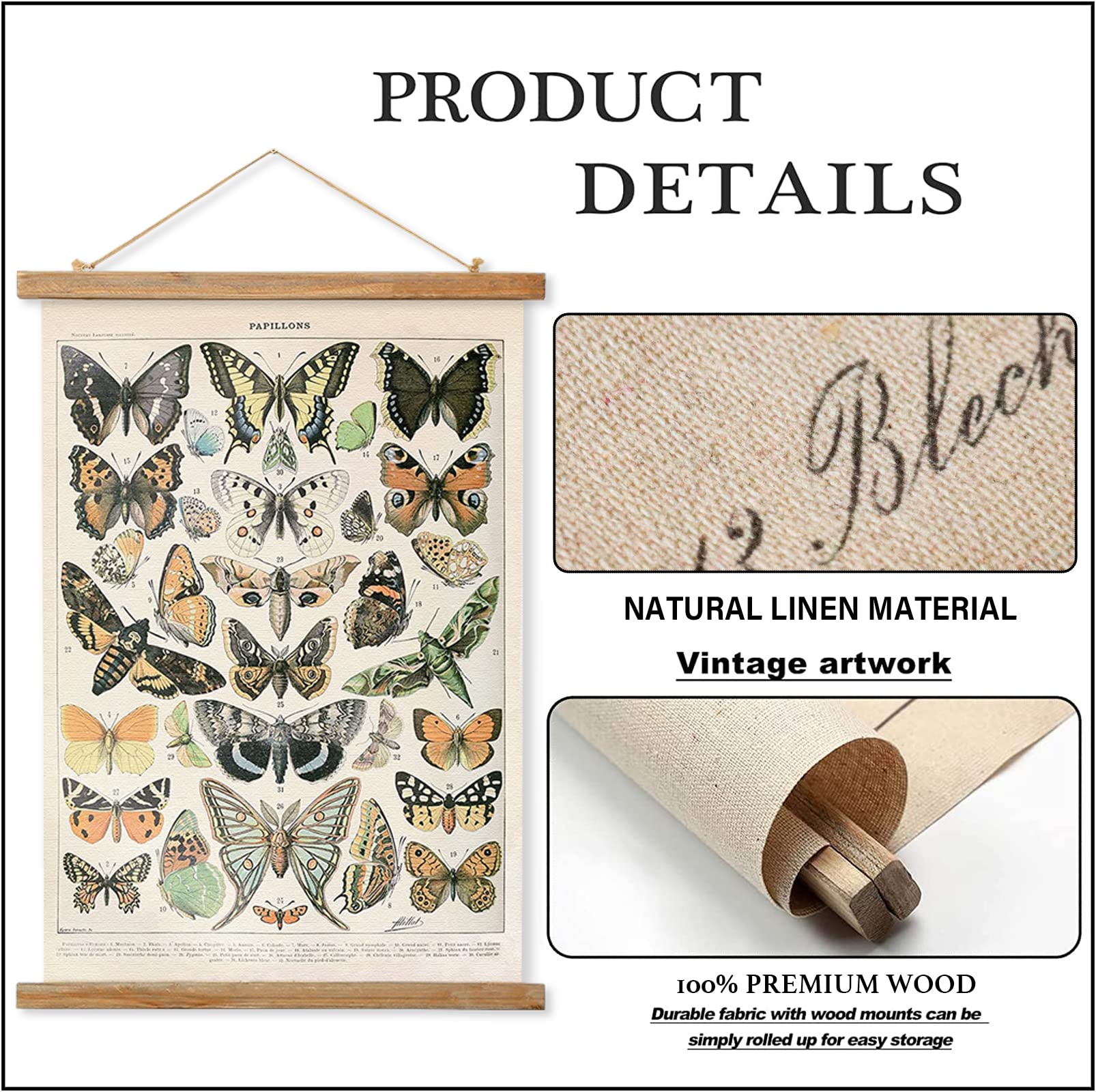 Ovfovy Vintage Butterflies Poster Hanger Frame, Retro Style Of Wall Art Prints, Printed On Linen With Natural Wooden Frames, Ill
