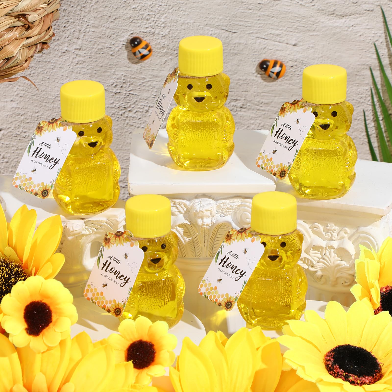 Foldtier 50 Sets 2Oz Plastic Honey Bear Bottle Gifts 50 Bear Shape Clear Empty Honey Jar With Screw Yellow Lid 50 Tags 2 Rolls J