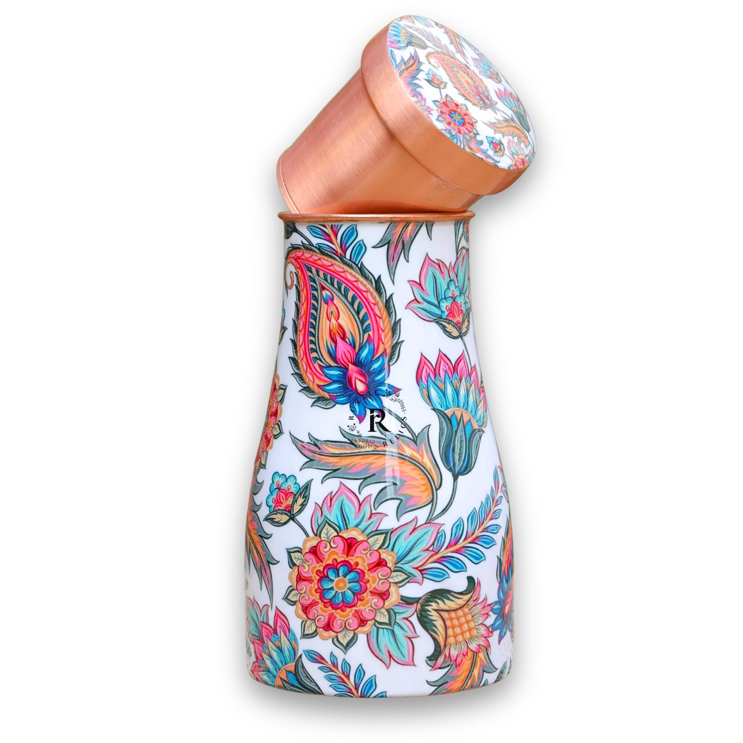 Rustic Relics Meena Print Copper Water Bottle Jar - 1L | With Inbuit Glass In Lid | Beautiful And Elegant Meena Print Design | K