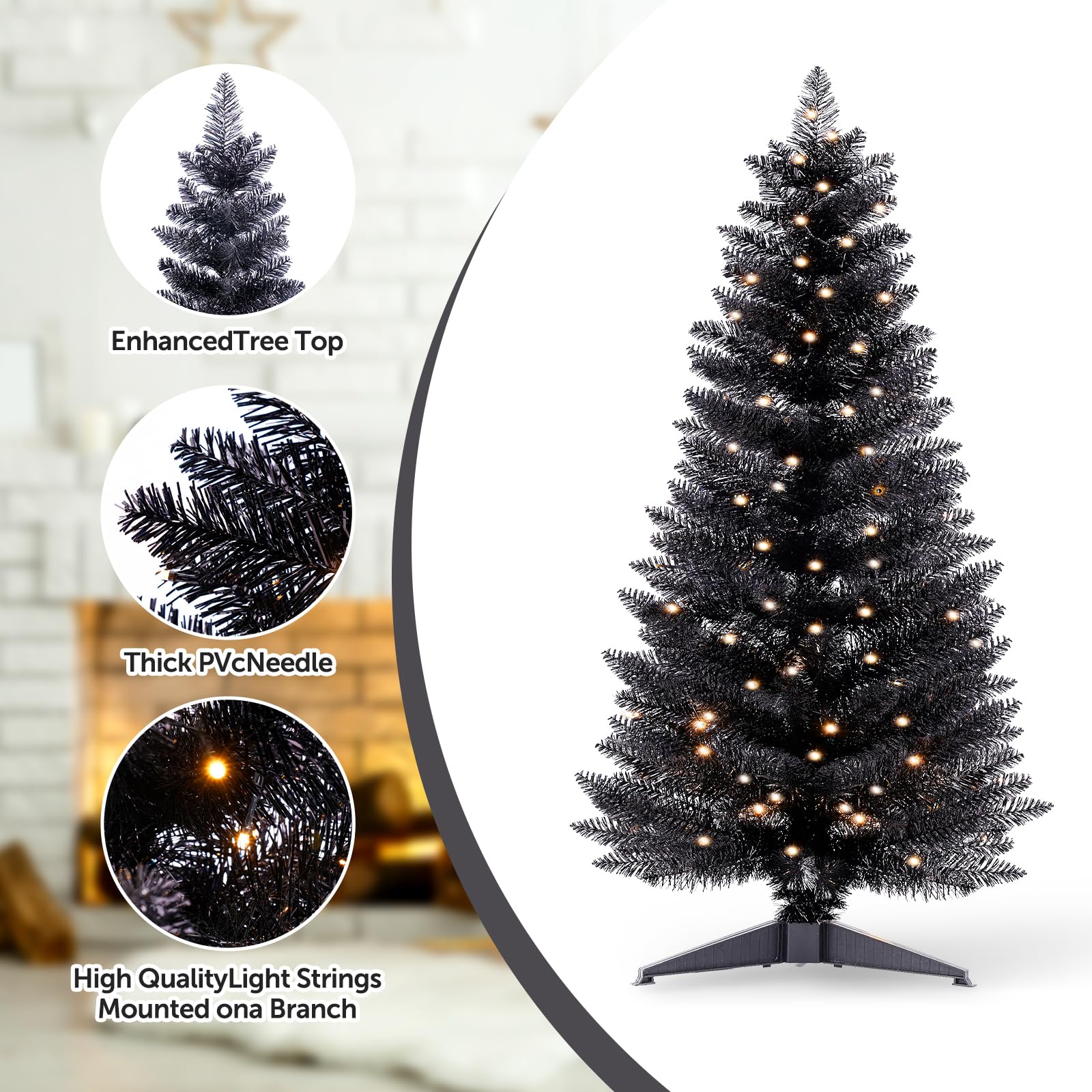 Santanelo 4ft Lighted Halloween Black Christmas Tree, Artificial Christmas Tree with Lights,Small Snowy Artificial Xmas Tree for