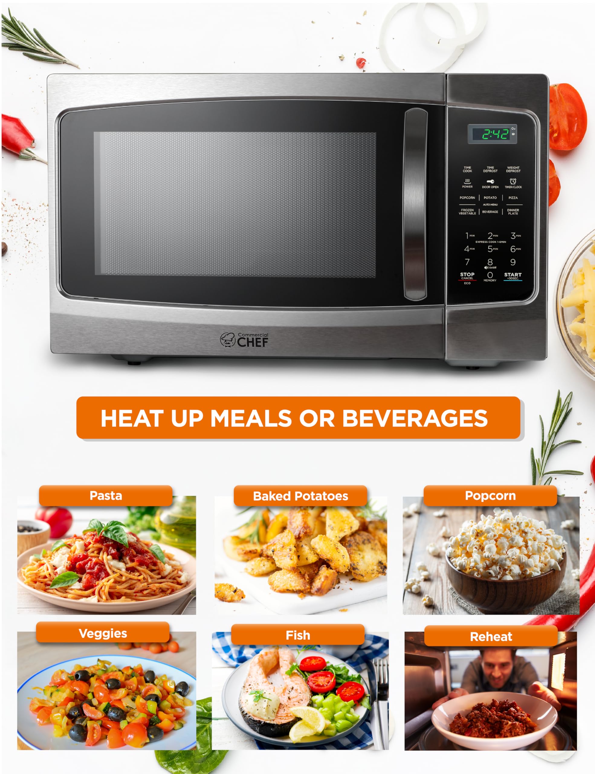 Commercial Chef Small Microwave 13 Cu Ft Countertop Microwave With Digital Display, Stainless Steel Microwave & 10 Power Levels,