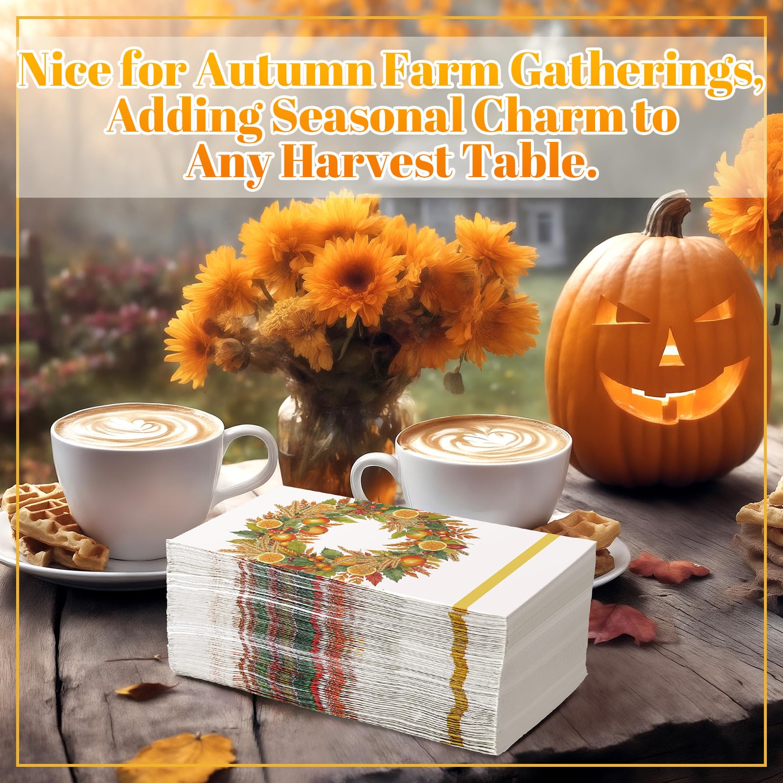 Epakh 200 Pcs Bulk Thanksgiving Wreath Guest Napkins 2 Ply Autumn Fall Harvest Disposable Paper Napkins Orange Fruit Leaf Dinner