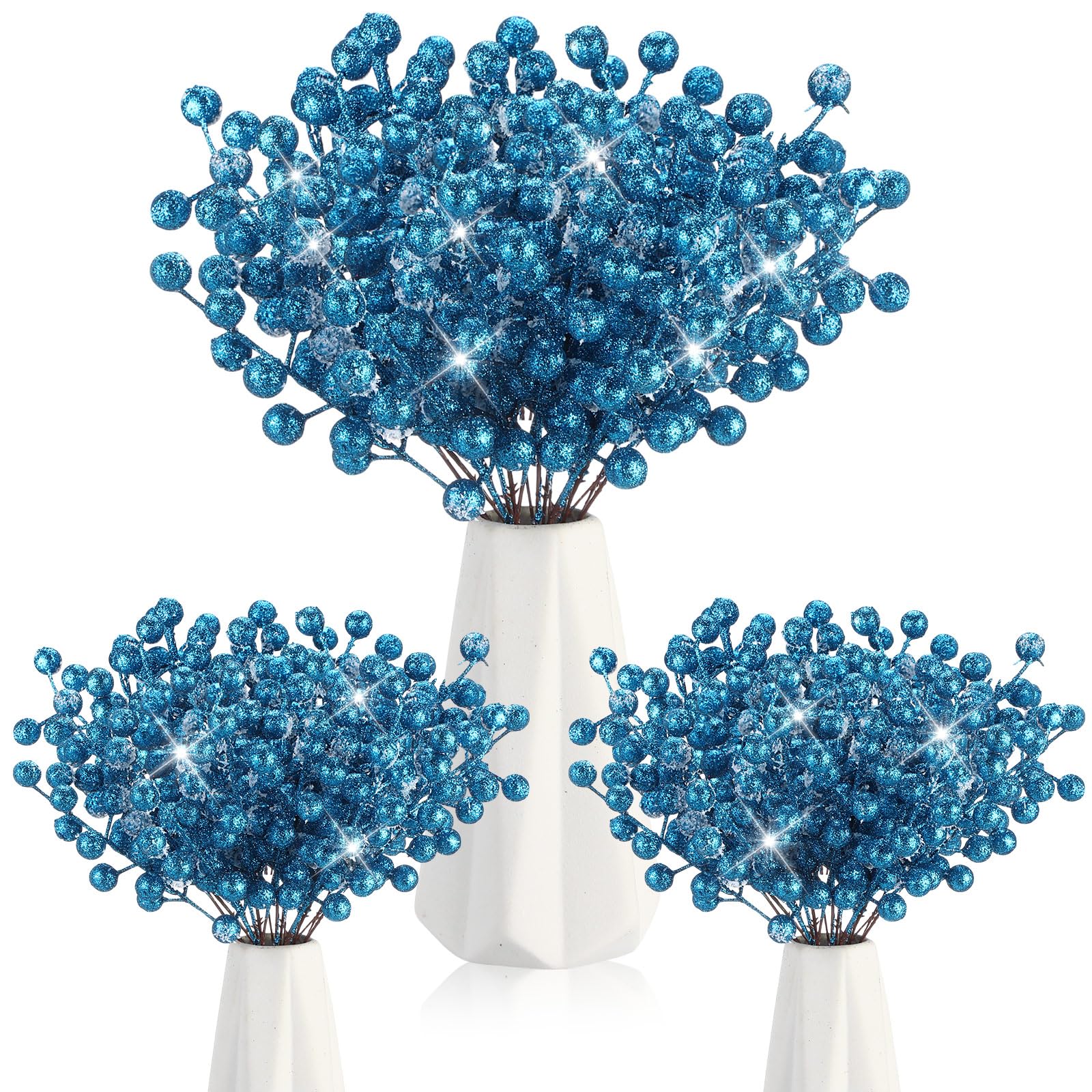 Geosar 30 Pieces Artificial Christmas Berry Picks with Snowflake Glitter Artificial Holly Berry Stems for Christmas Tree Ornamen