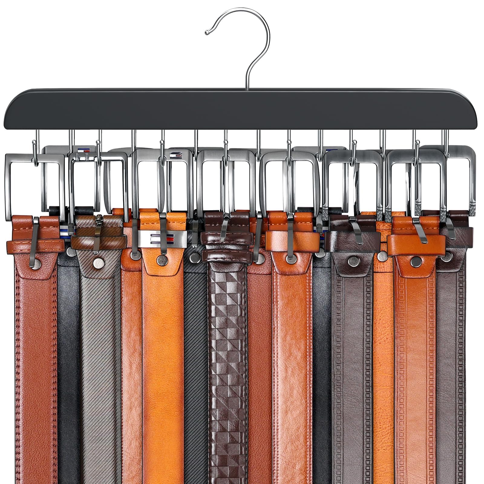 Resovo Belt Hanger For Closet Max 42 Belts, Sturdy Wood Belt Rack Closet Accessories With 14 Hooks Belt Organizer For Closet Org