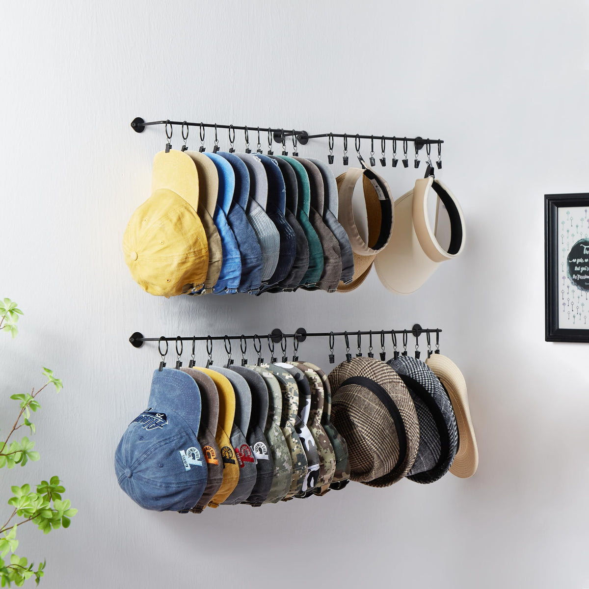 Hat Rack Wall Cap Organizer - Baseball Hat Racks Display Holder With 40 Hooks - Modern Metal Black Hats Storage Wall Mounted Cap