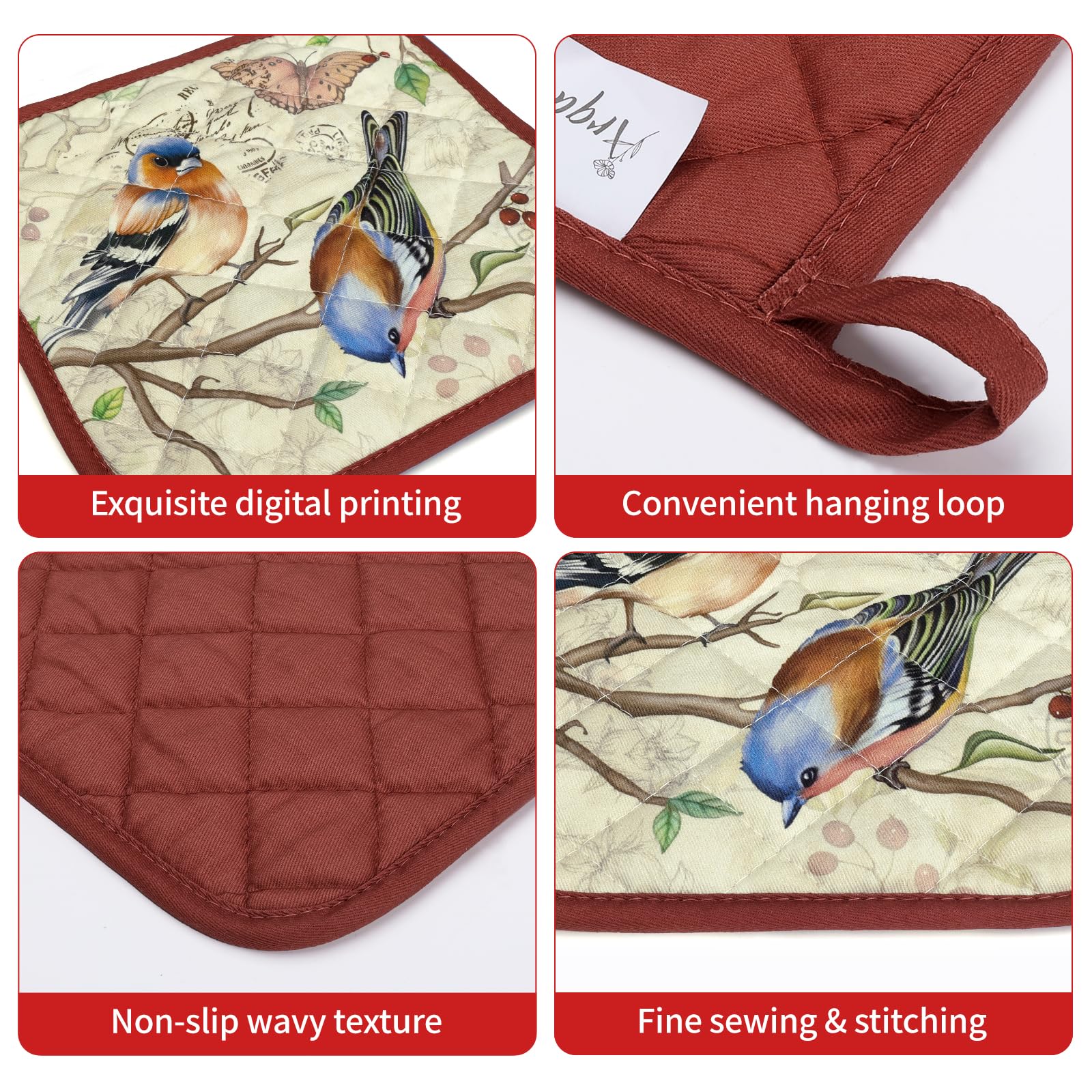 Arquiel Vintage Bird Oven Mitts And Pot Holders Sets 2Pcs, 100% Cotton Heat Resistant, Extra Long Oven Gloves Potholder For Kitc