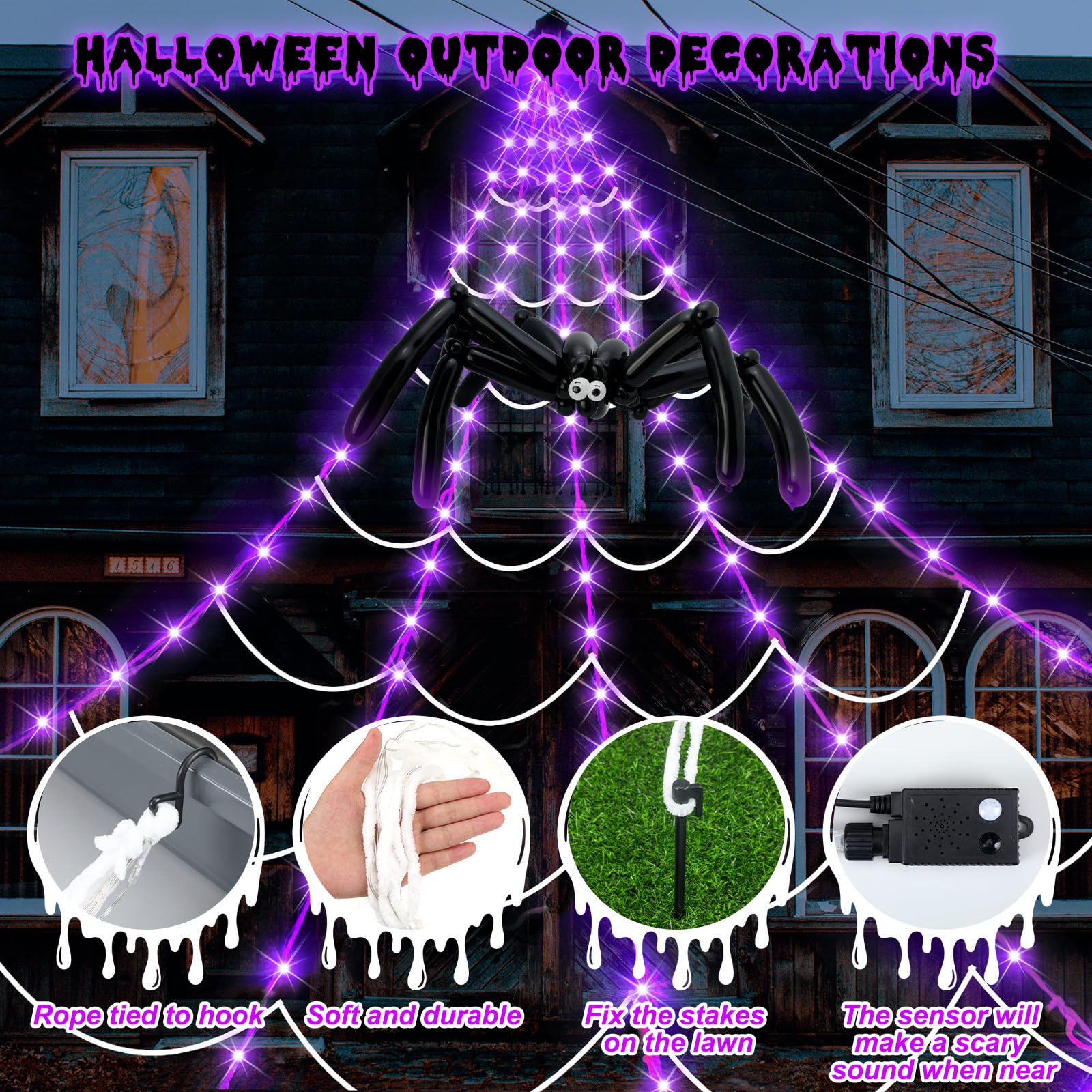 Retisee Halloween Decorations 17ft Spider Web Lights Motion Activated Sensor 120 LED Purple Light up Spider Web with 200sqft Cob